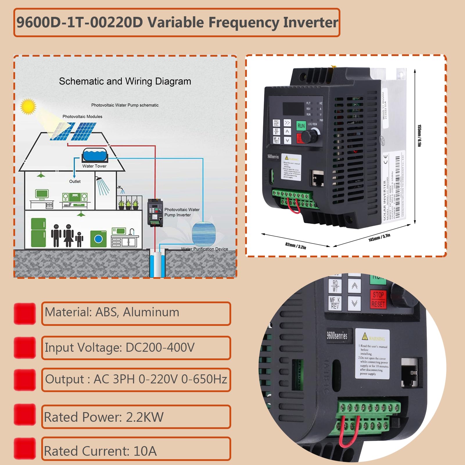 Controlador de Velocidad de 2,2 KW, Variador de Frecuencia, 9600D 1T00220D Inversor Solar Fotovoltaico de 220 V, PCB de Doble Capa, Tubo Digital Rojo