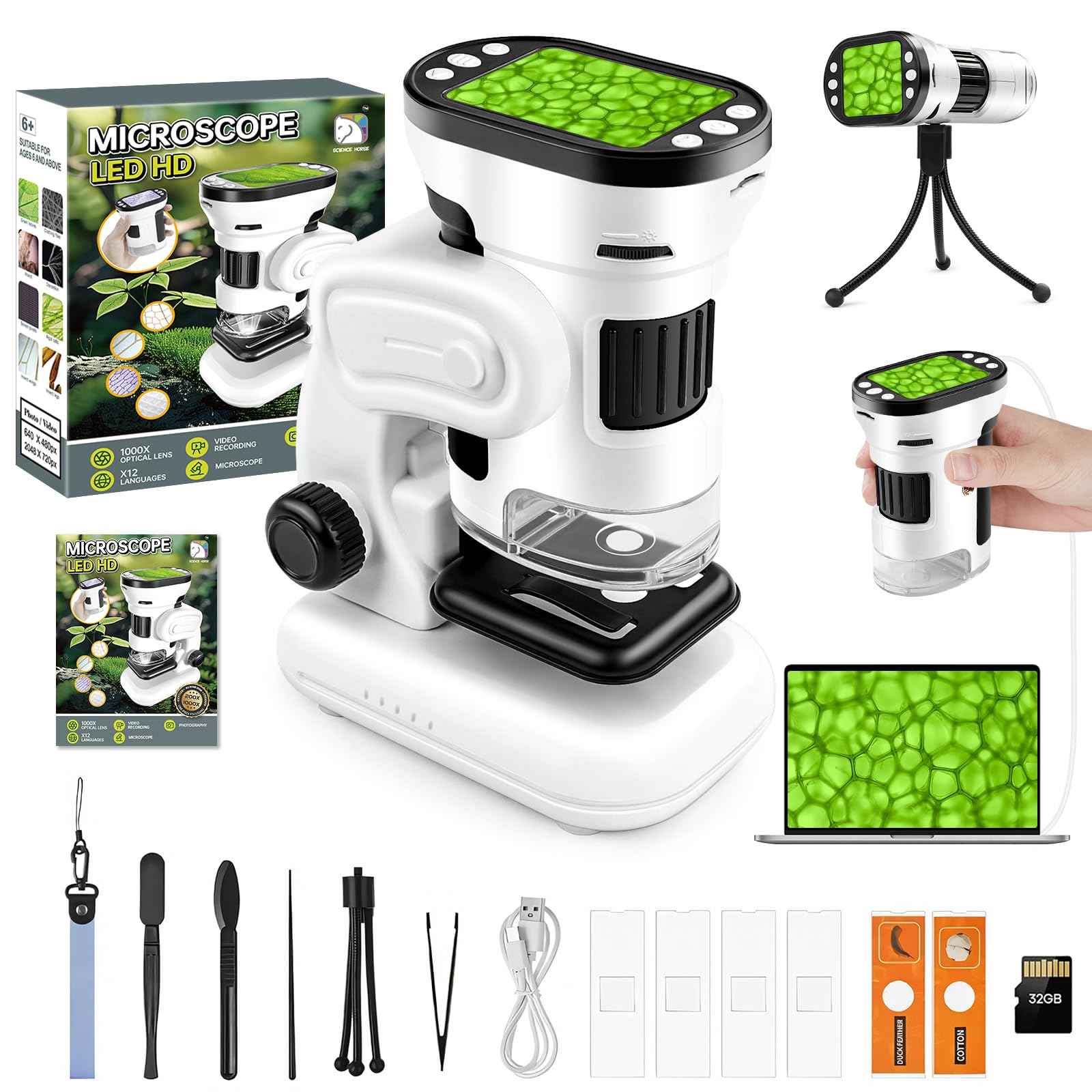 NZQXJXZ 3-in-1 Digital Microscope for Kids & Adults, 200-1000X Magnification, Rechargeable Pocket Scope for Photo and Video Capture, Portable Mini Microscope with 2’’ HD Screen and 32G TF Card