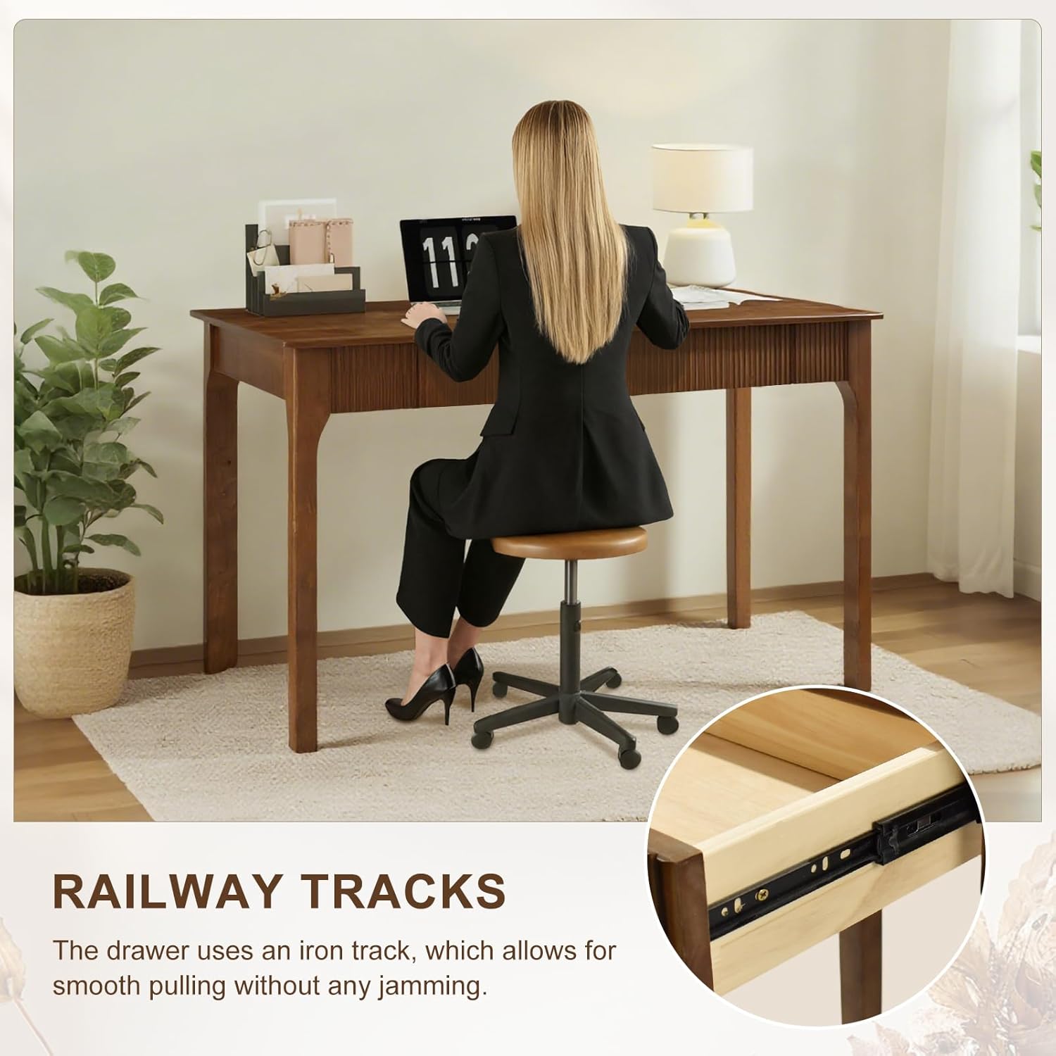 47.2'' Solid Wood Desk with 2 Drawers, Mid Century Modern Home Writing Office Wooden Desk ,Vintage Computer Table with Storage for Living Room, Bedroom, Fluted Design Brown (Walnut, 47.2 Inch) Walnut 47.2 Inch