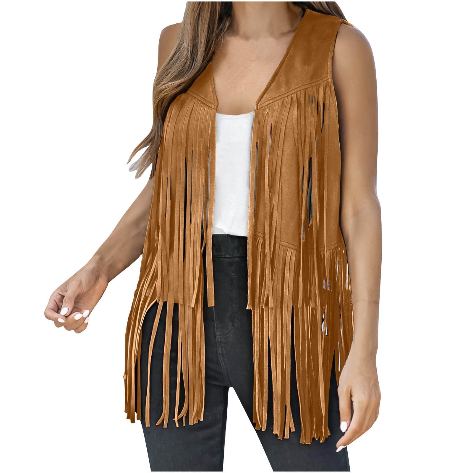 Chaleco hippie de mujer con flecos y borlas de ante sintético años 70 marrón talla L 6