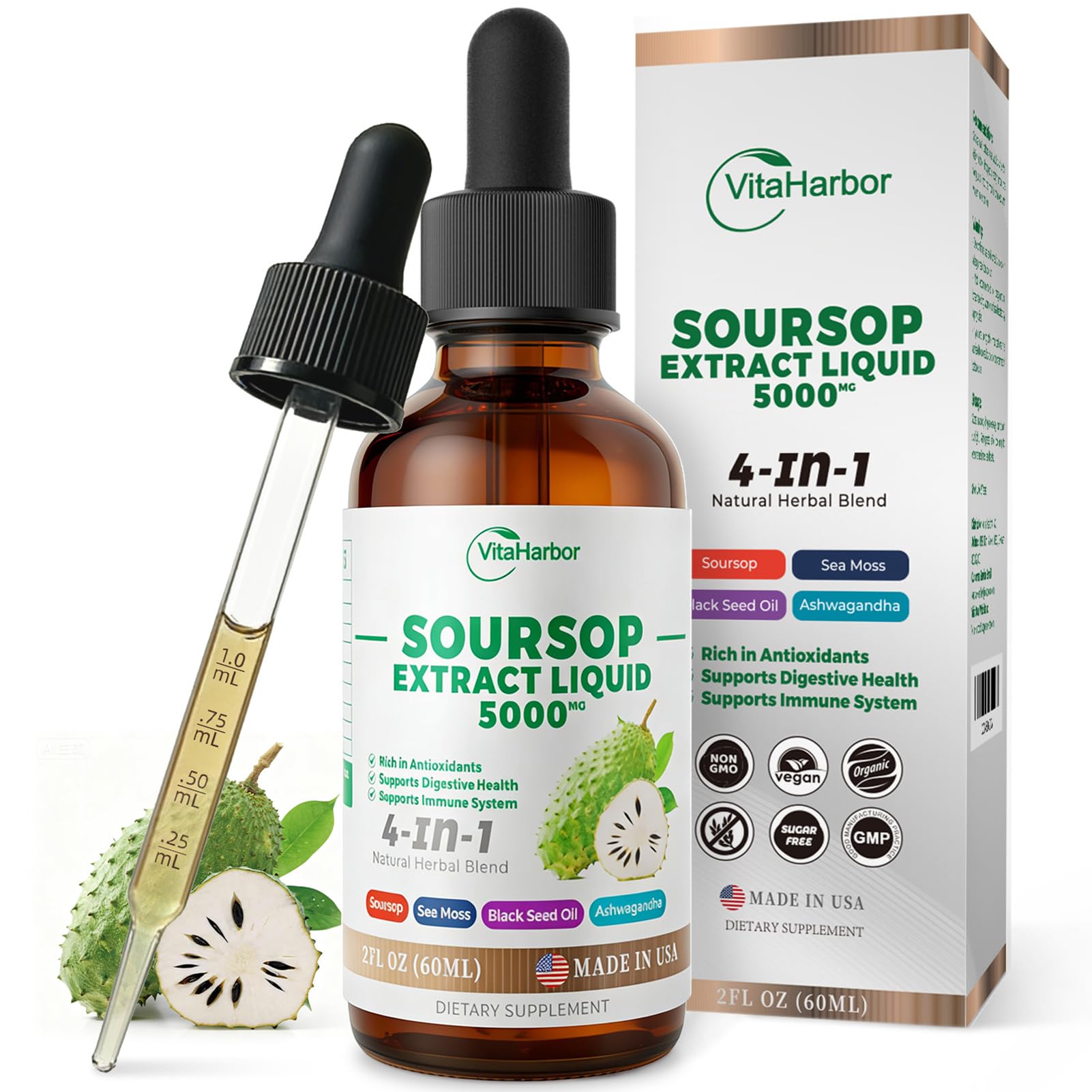 4-in-1 Soursop Bitters Liquid, Soursop Oil with Sea Moss & Black Seed Oil & Ashwagandha, for Immune & Digestive & Cell Support, Sugar-Free | Non-GMO | Vegan (2 Fl oz)