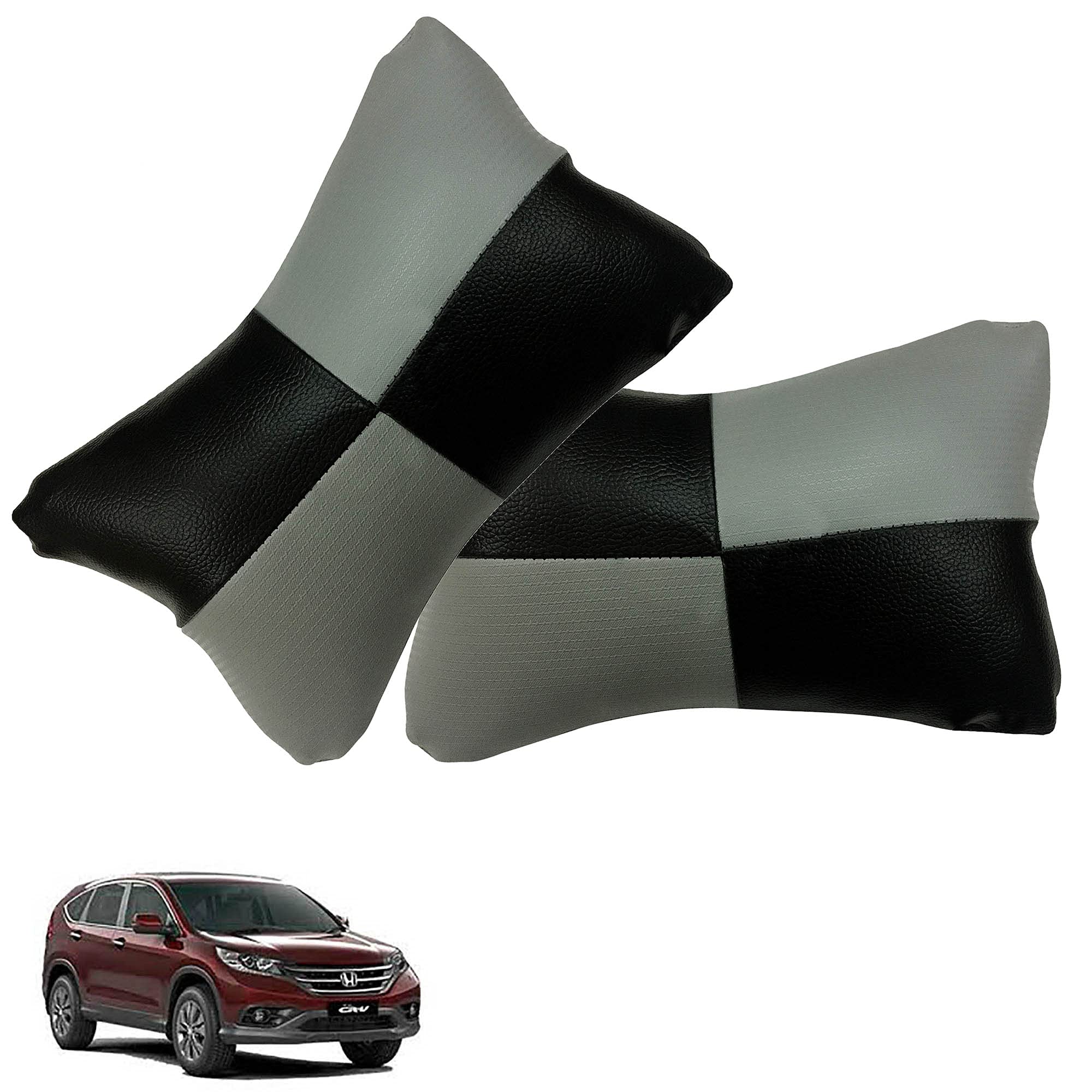 AdroitZ Car Pillow Faux Leather Material Check Design (2 Pieces) in Grey for CR-V_PR43
