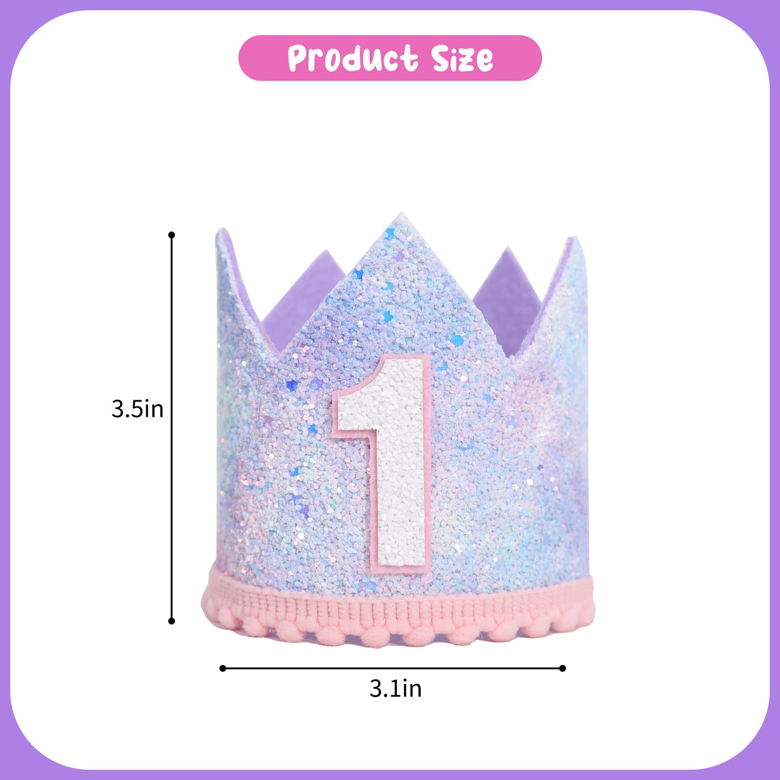 Baby Girl First Birthday Decorations - Pastel Rainbow 1st Birthday Crown,One Rainbow Themed Cake Smash Party Hat,Pastel Rainbow Glitter Mini Party Crown,Sweet Birthday Photo Props For Girls(Purple)