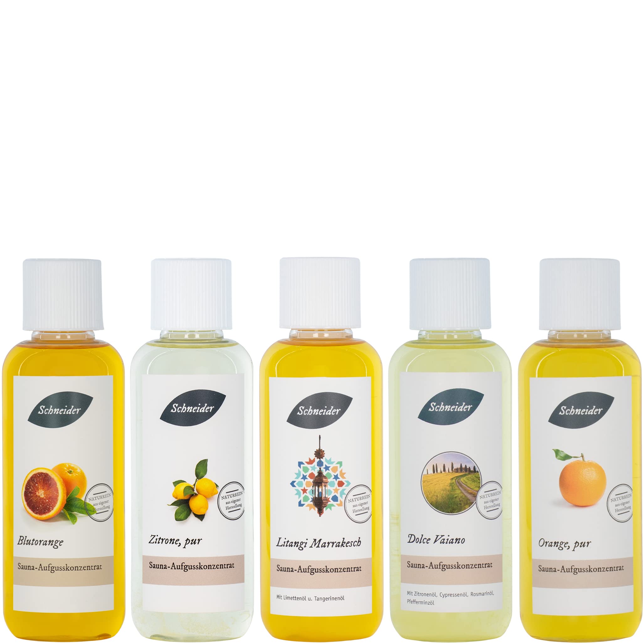 Saunabedarf Schneider - Aufgussset Lemon Touch 5 x 250 ml Inhalt - fruchtig-mediterraner Saunaaufguss - wohltuender Mix