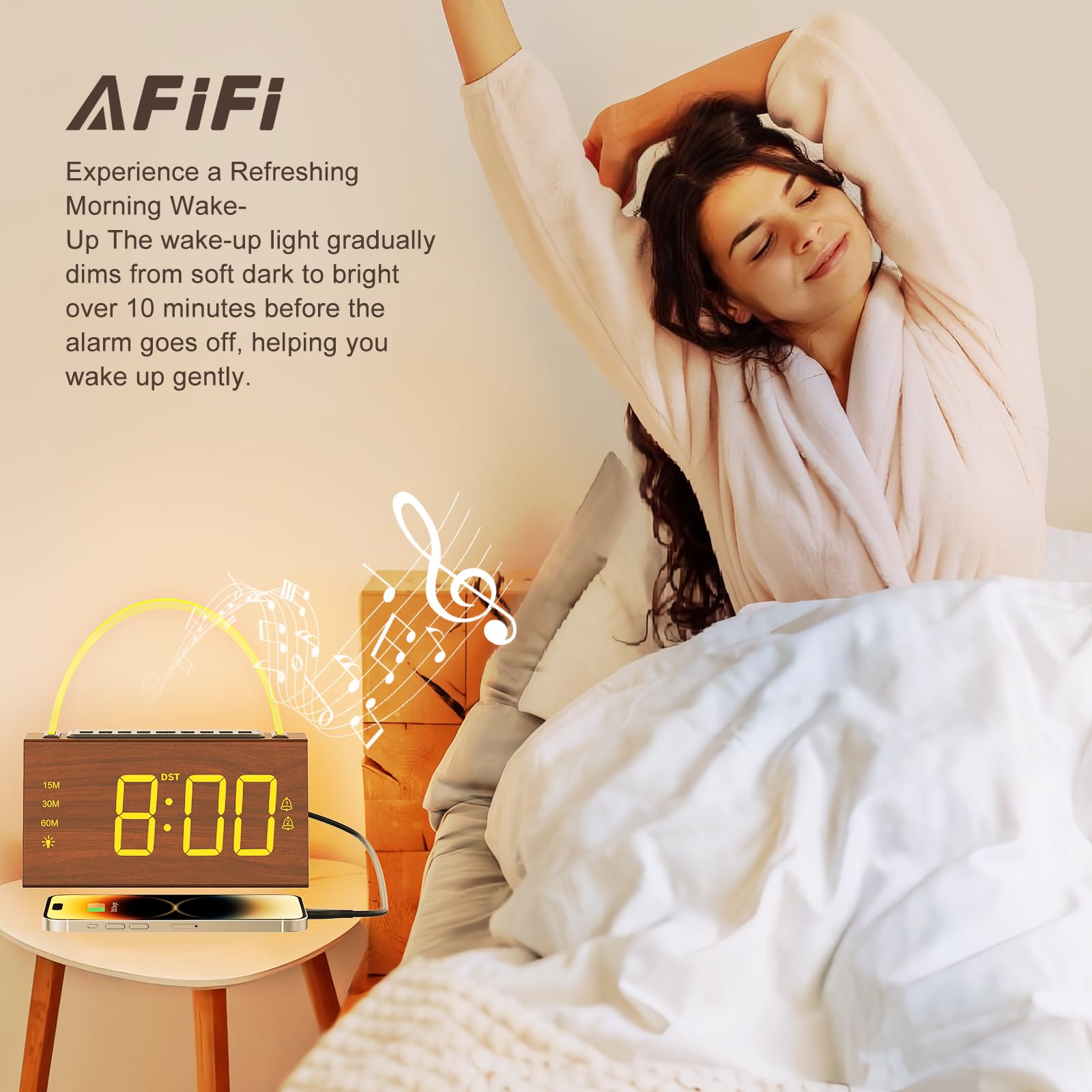 Digital Alarm Clock for Bedrooms - Sunrise Alarm Clock for Heavy Sleepers, Wooden Clock with 7-Color Light, 9 White Noise Sounds, 5-Level Dimmable Lamp, Snooze, USB Charger