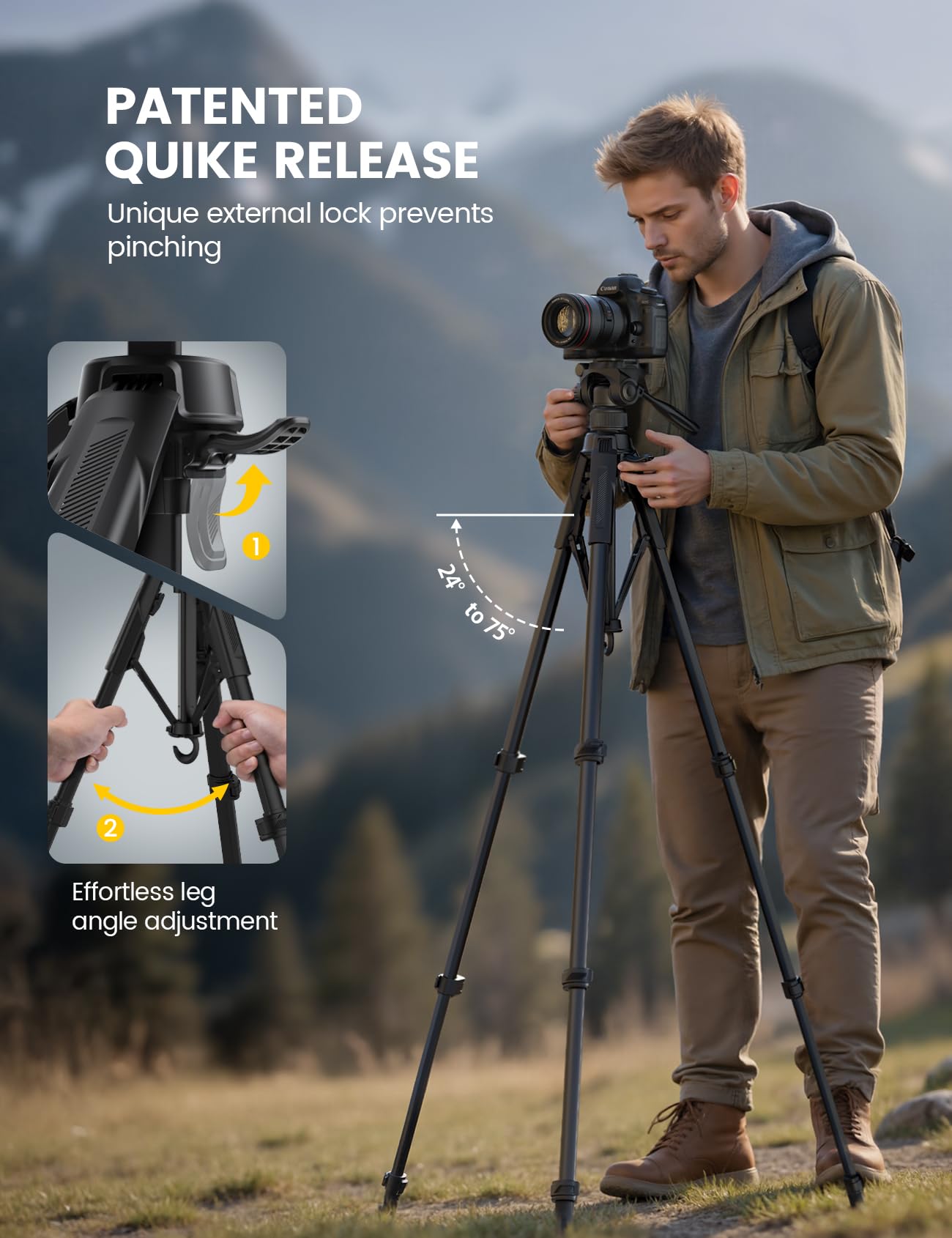 Lamicall Trépied Appareil Photo - [Pieds Brevetés Déploiement Rapide][8KG Capacité de Charge] Trépied Camera avec 3 Voies Tête Panoramique, Porte Camera avec Clip de Smartphone, pour iPhone/DSLR/GoPro