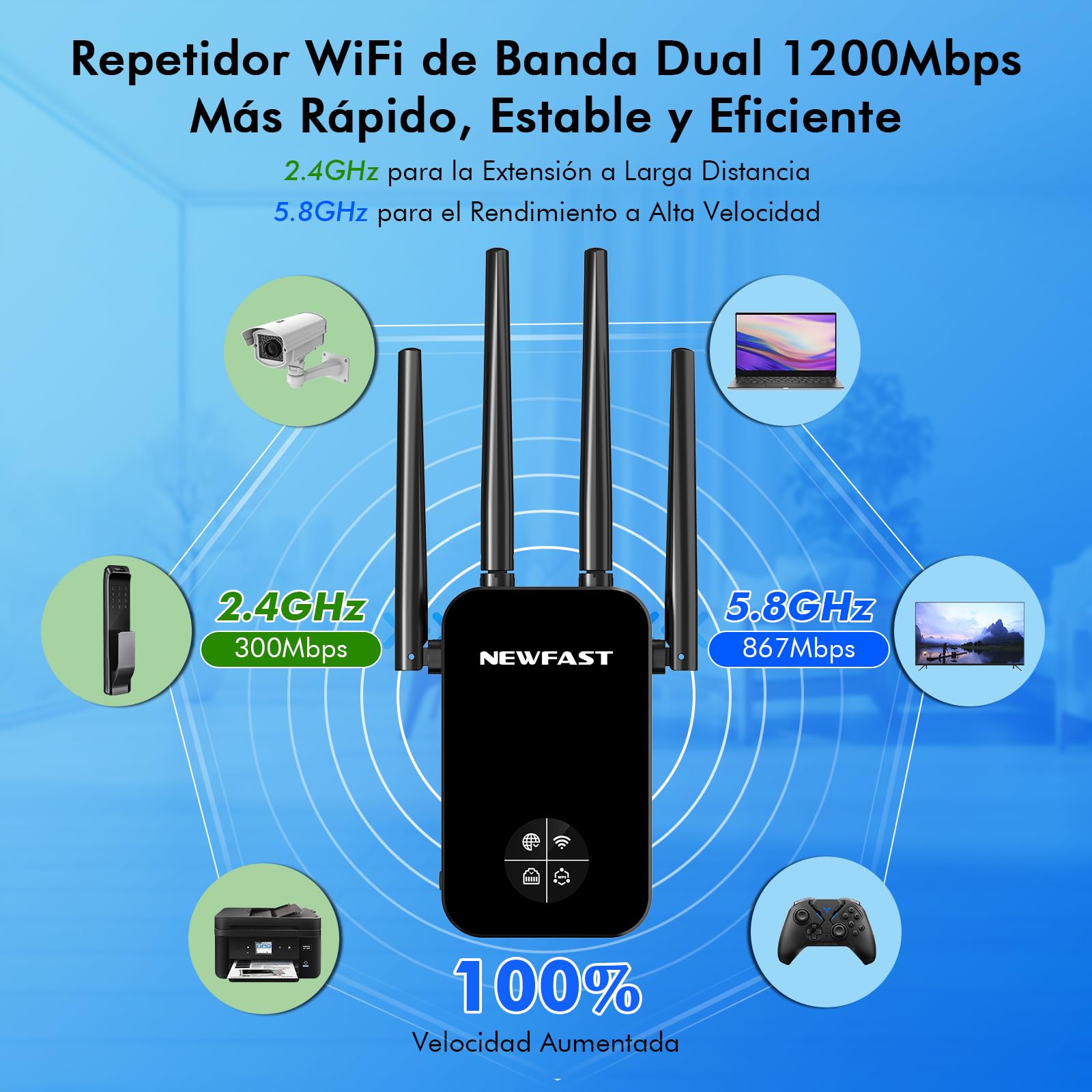 NEWFAST Repetidor WiFi AC1200 Amplificador Señal WiFi 5GHzy2,4GHz Amplificador Wi-Fi, 4 * 3dBi Antenas, Punto de Acceso con Cobertura de 360°,Extensor Wi-Fi (Negro)