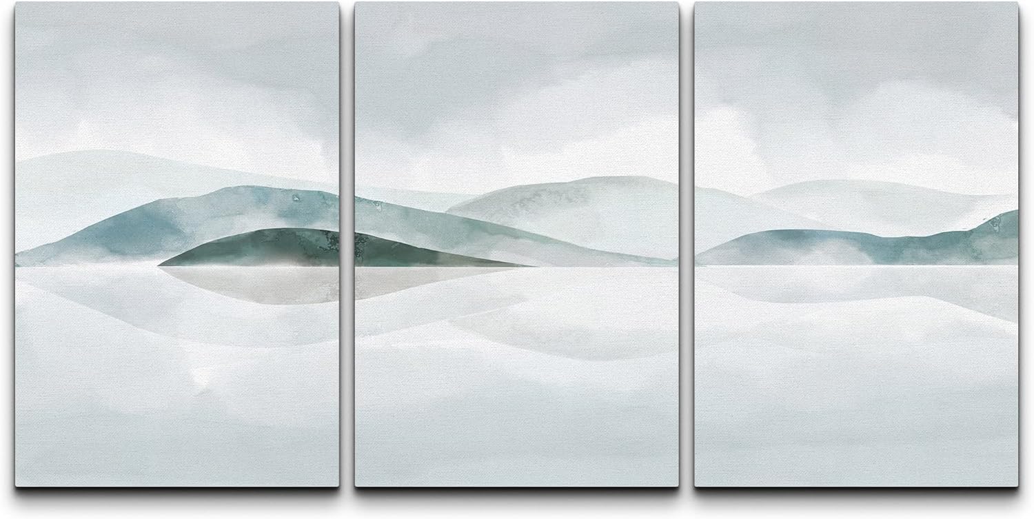 NWT Canvas Print Wall Art Set Abstract Blue and Gray Rolling Hills Geometric Illustrations Modern Art Rustic Landscape Pastel for Living Room, Bedroom, Office - 24"x36" x 3