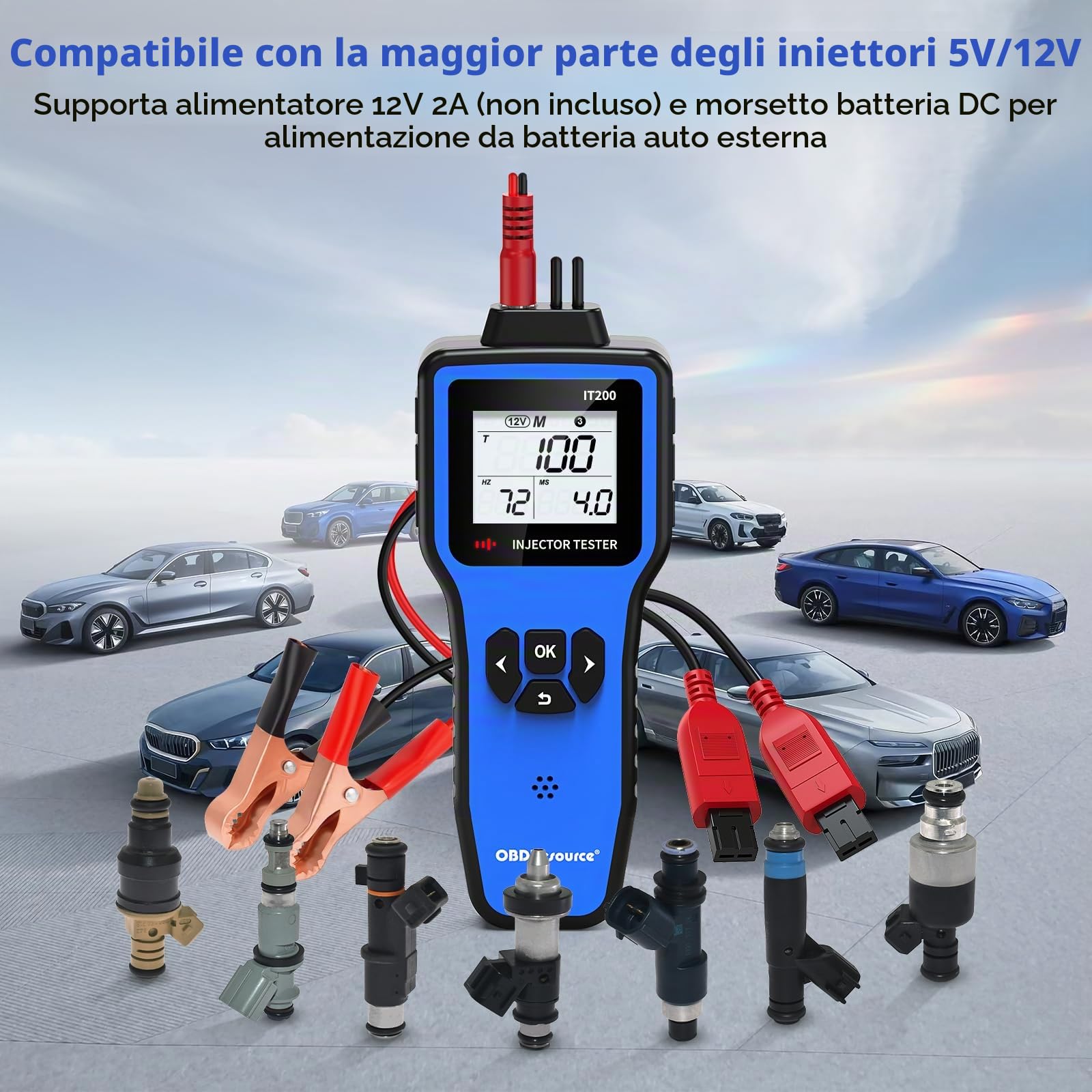 OBDResource Tester digitale a doppio iniettore, 5 V/12 V, tester per iniettori diesel, 5 modalità di prova e display HD, con 2 adattatori per pulizia iniettori