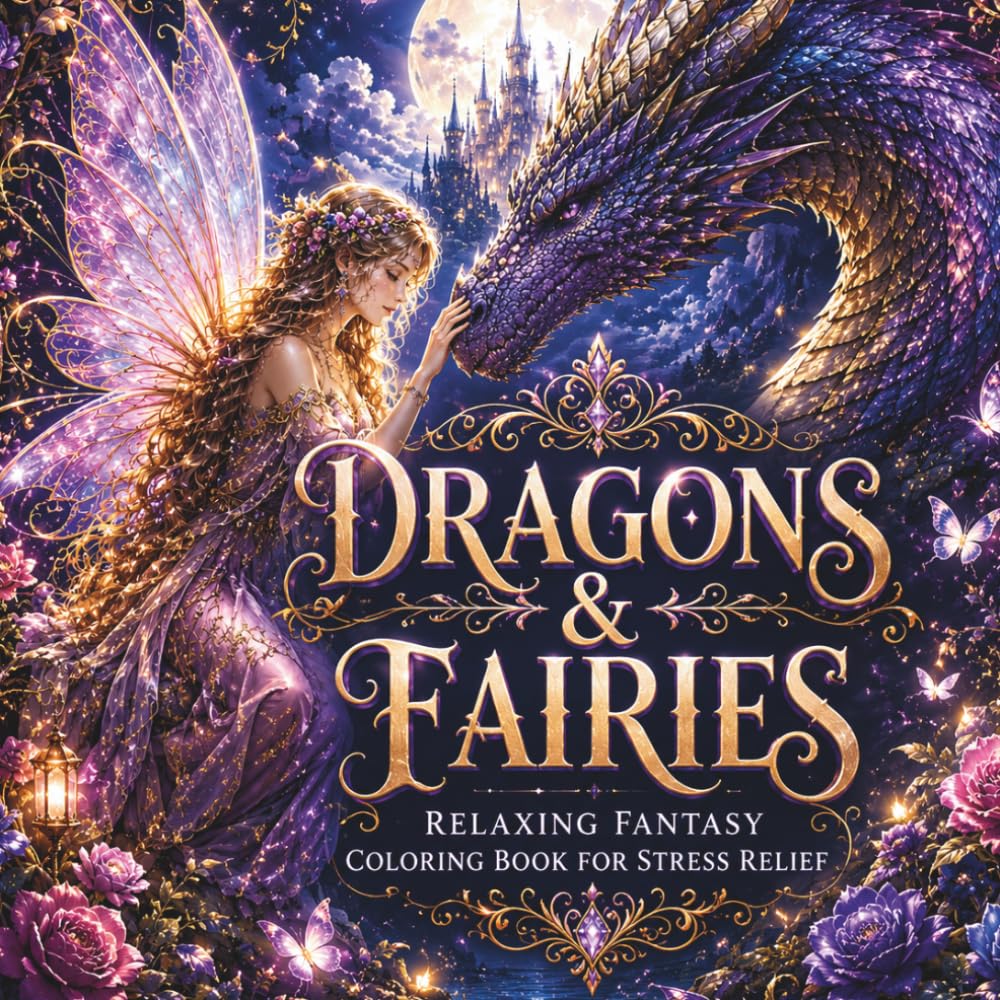 Dragons & Fairies: Relaxing Fantasy Coloring Book for Stress Relief: Magical Dragons, Fairies, Witches & Enchanted Creatures for Relaxation and Mindful Coloring