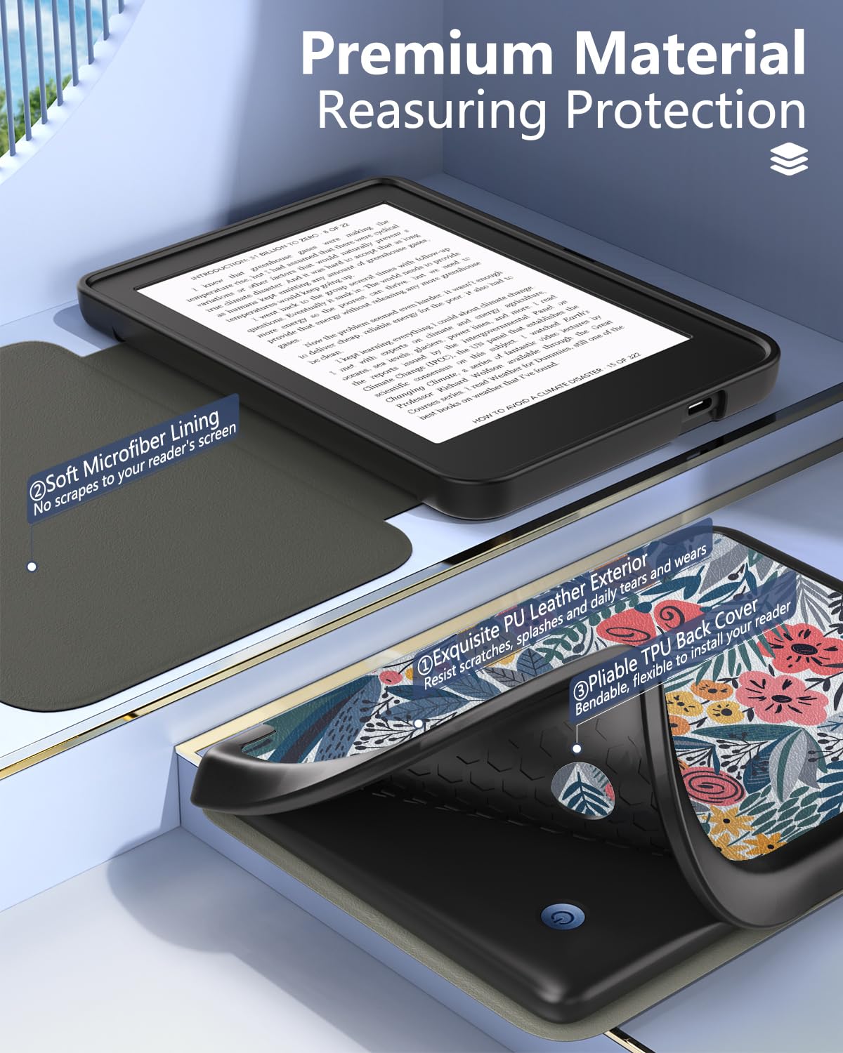 MoKo Case for Kobo Clara BW/Clara Colour/Clara 2E 6", Ultra Slim Lightweight with Auto Wake/Sleep Cover Folio Case for Kobo Clara BW/Clara Colour 6" 2024, Blue Leaf Flower - Image 3