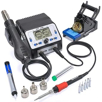 WEP 938BD-I Soldering Iron Station Hot Air Rework Station 2-IN-1 with LCD Display, PID Control, Hot Air Start/Stop, Sleep Mode, 3 Extra Nozzles, 5 Extra Soldering Tips, Solder Wire