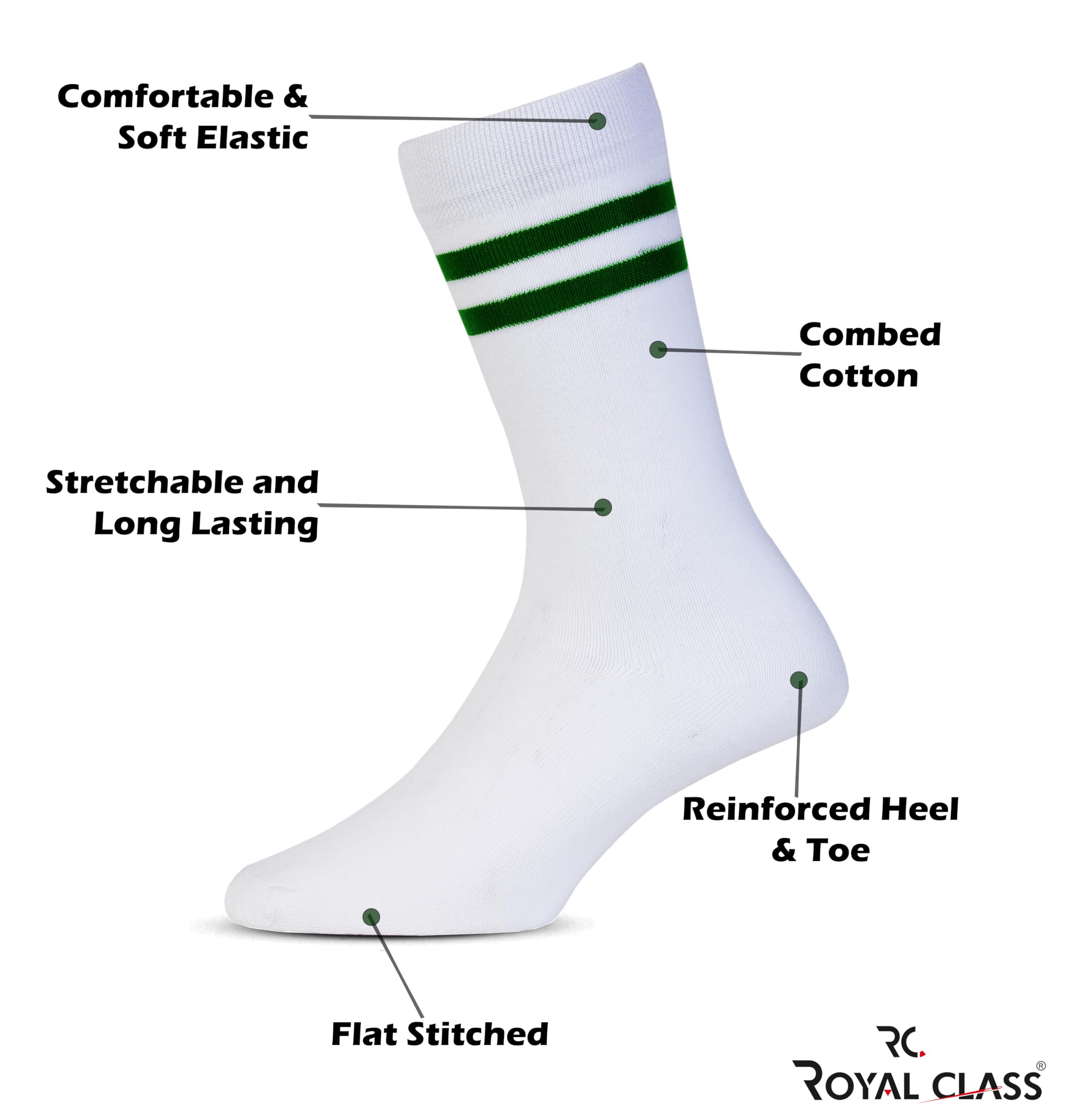 RC. ROYAL CLASS Boys Cotton & Girls Calf Length White Bottle Green Striped Dps School Socks (Pack Of 5 Pairs) (9-10 Years) 2