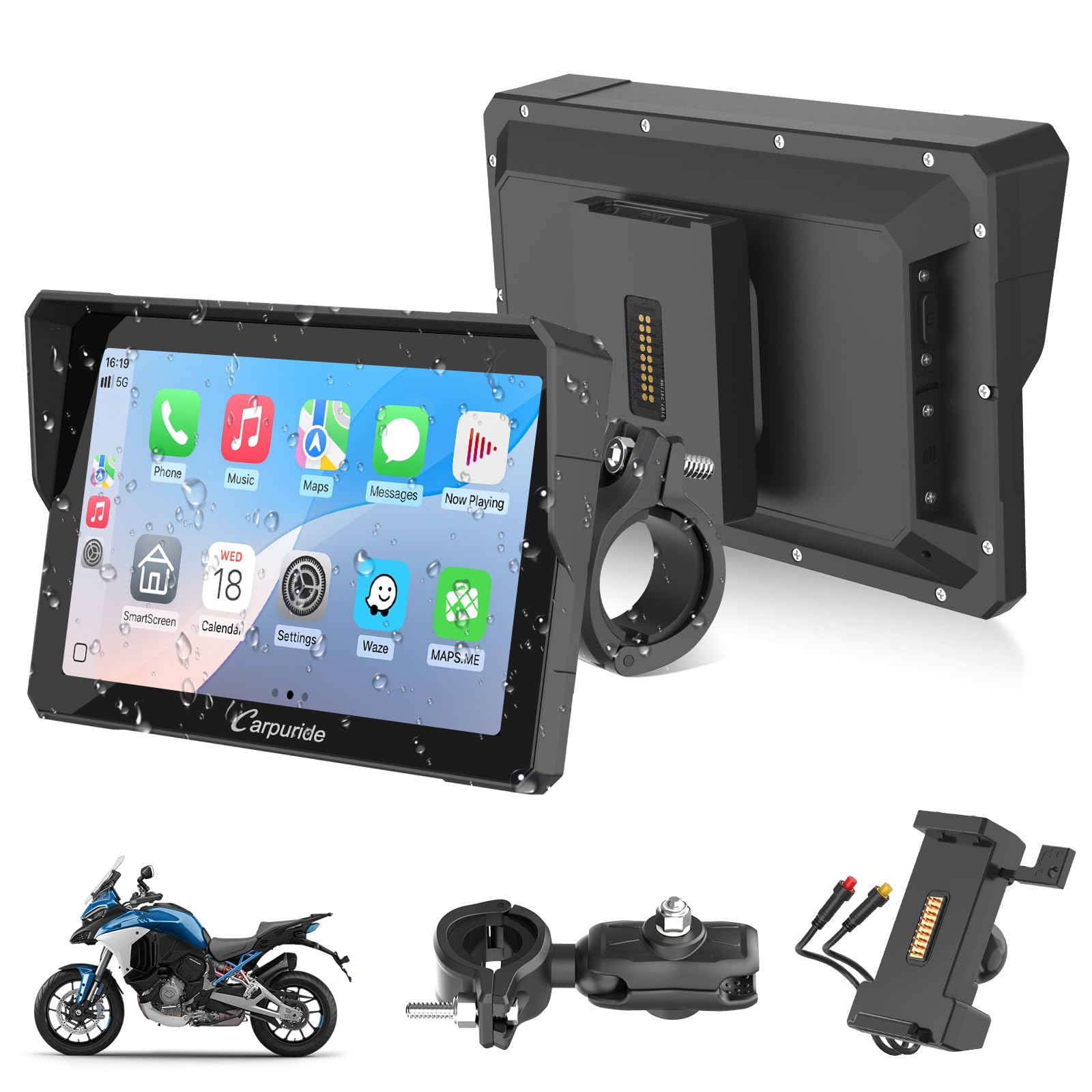 2025 Carpuride W702S PRO Motorcycle GPS Wireless Carplay/Android Auto, 7" Waterproof Motorbike Touch Screen, with BM05 Mount, Bluetooth Trans, Wired Controller, Navigation