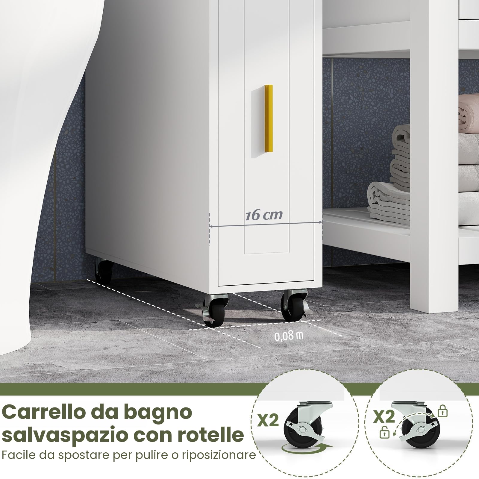 LIFEZEAL Armadietto da bagno, carrello portaoggetti arrotolabile, porta carta, porta spazzola e cassetto, piccolo organizzatore salvaspazio