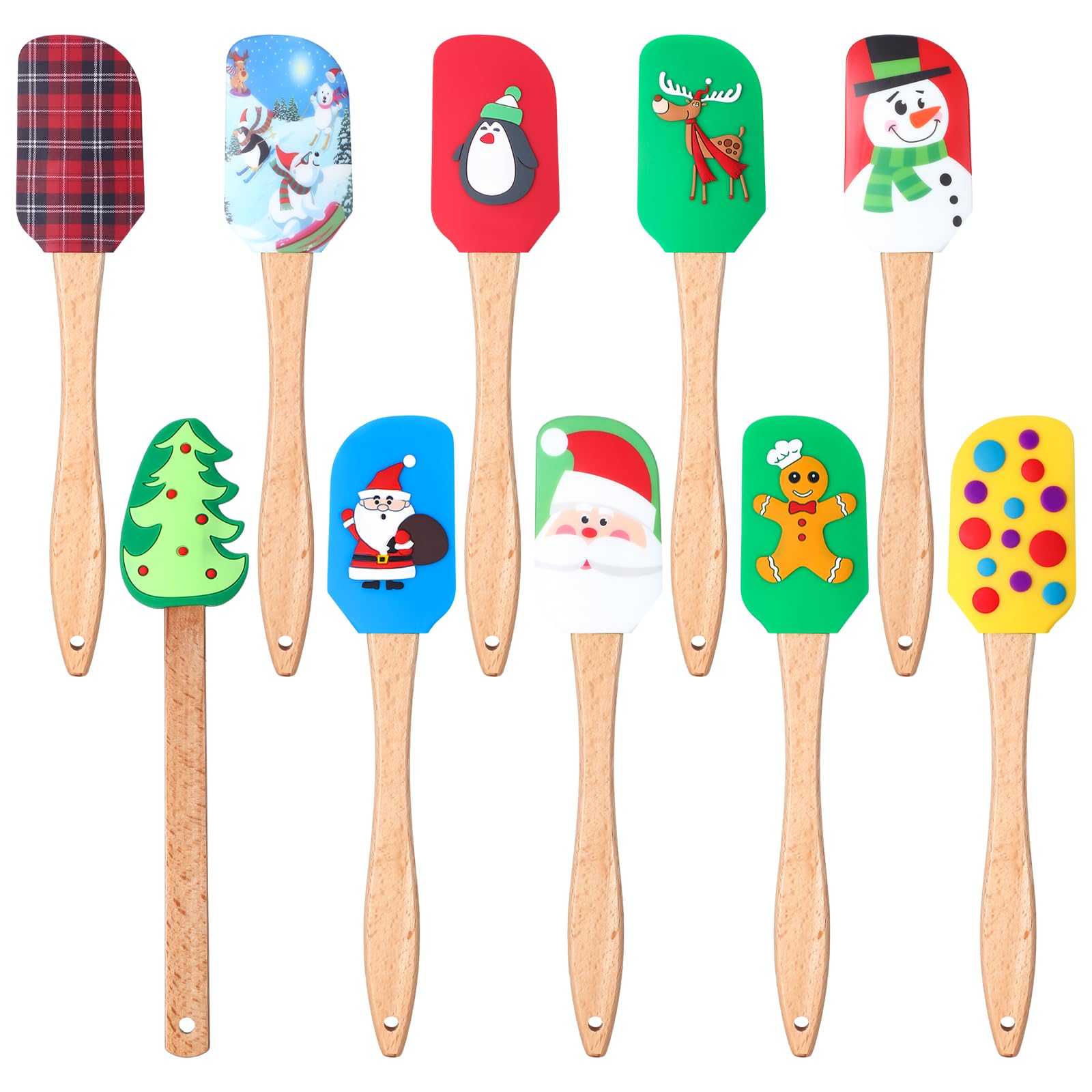 Patelai 10 espátulas de silicona de Navidad con mango de madera, muñecos de nieve, espátulas para panqueques, bonitos raspadores de sartenes, espátulas de cocina para cocina, mezclar y hornear (estilo