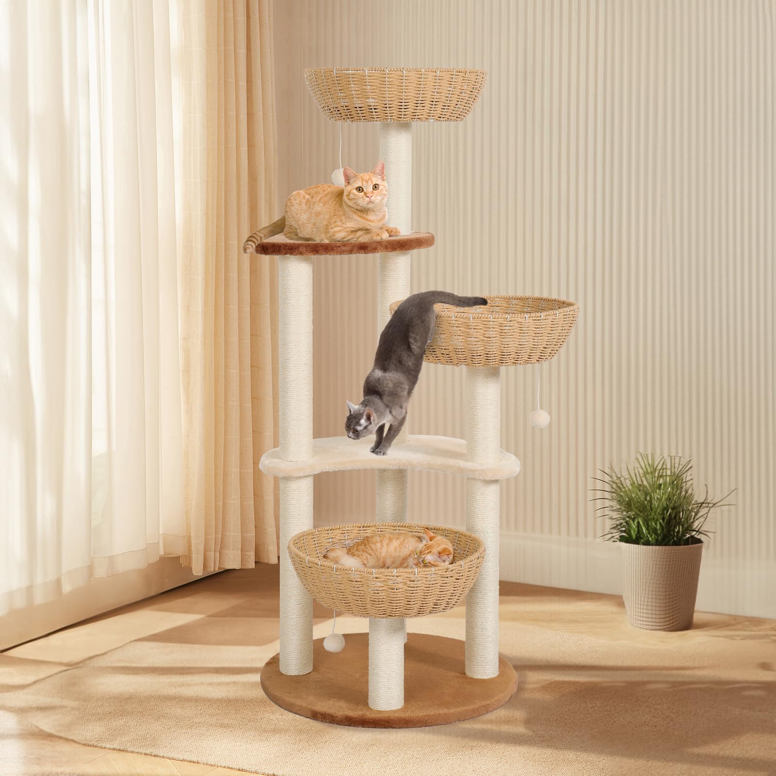 Lucky Monet Boho Wicker Cat Tree Tower for Indoor Multiple Cats - 51 Inch w/ 3 Basket Beds & Natural Sisal Scratching Posts, Adults 25 Ibs
