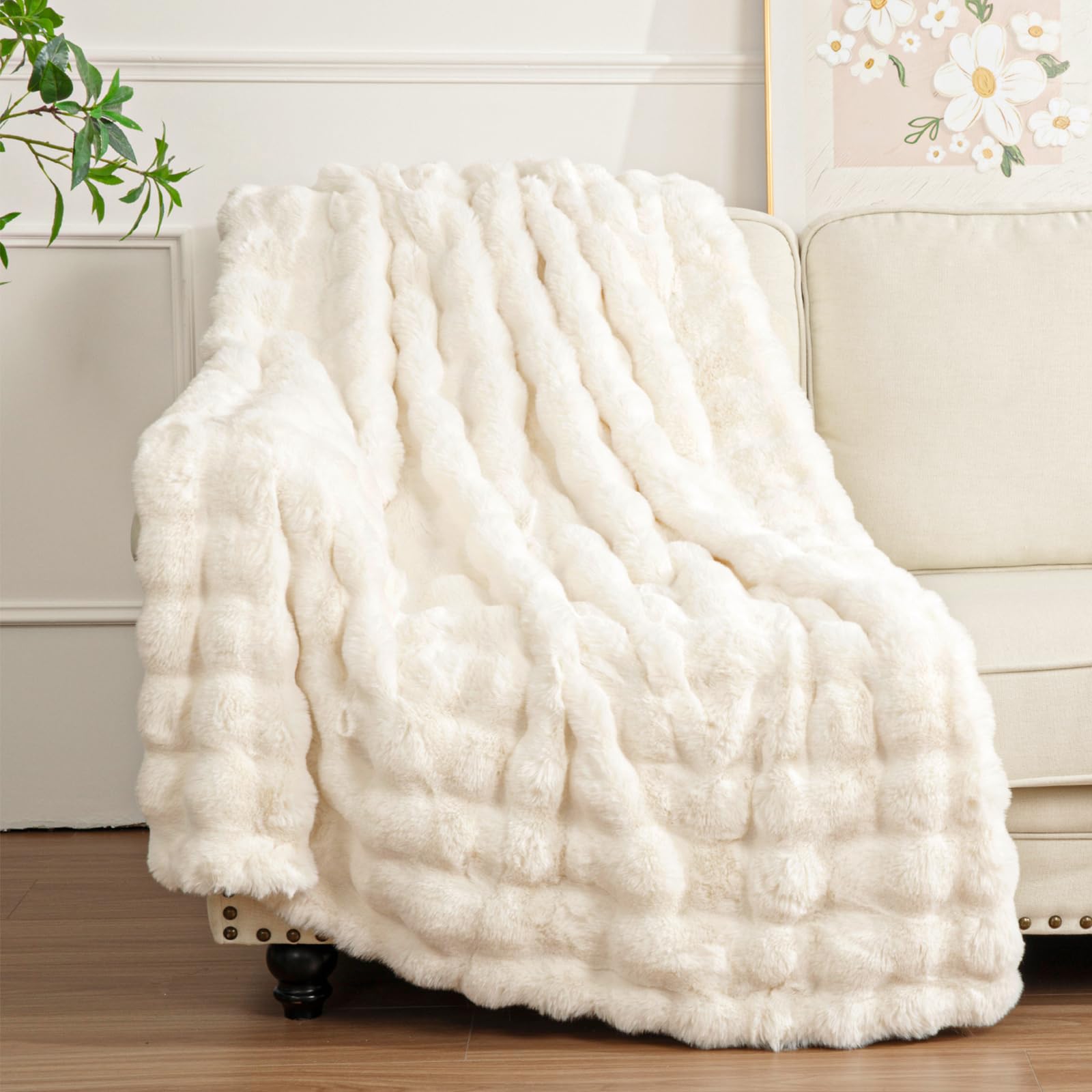 Enyhom Manta Sofa Grande Matrimonial 152 x 203 cm, Manta Polar Plaid Rabbit Sintético con Reverso Franela Cobijas de Invierno Gruesa Cobertor Cama, Suave y Caliente Mantas para Cama Fácil Cuidado OEKO-TEX STANDARD 100