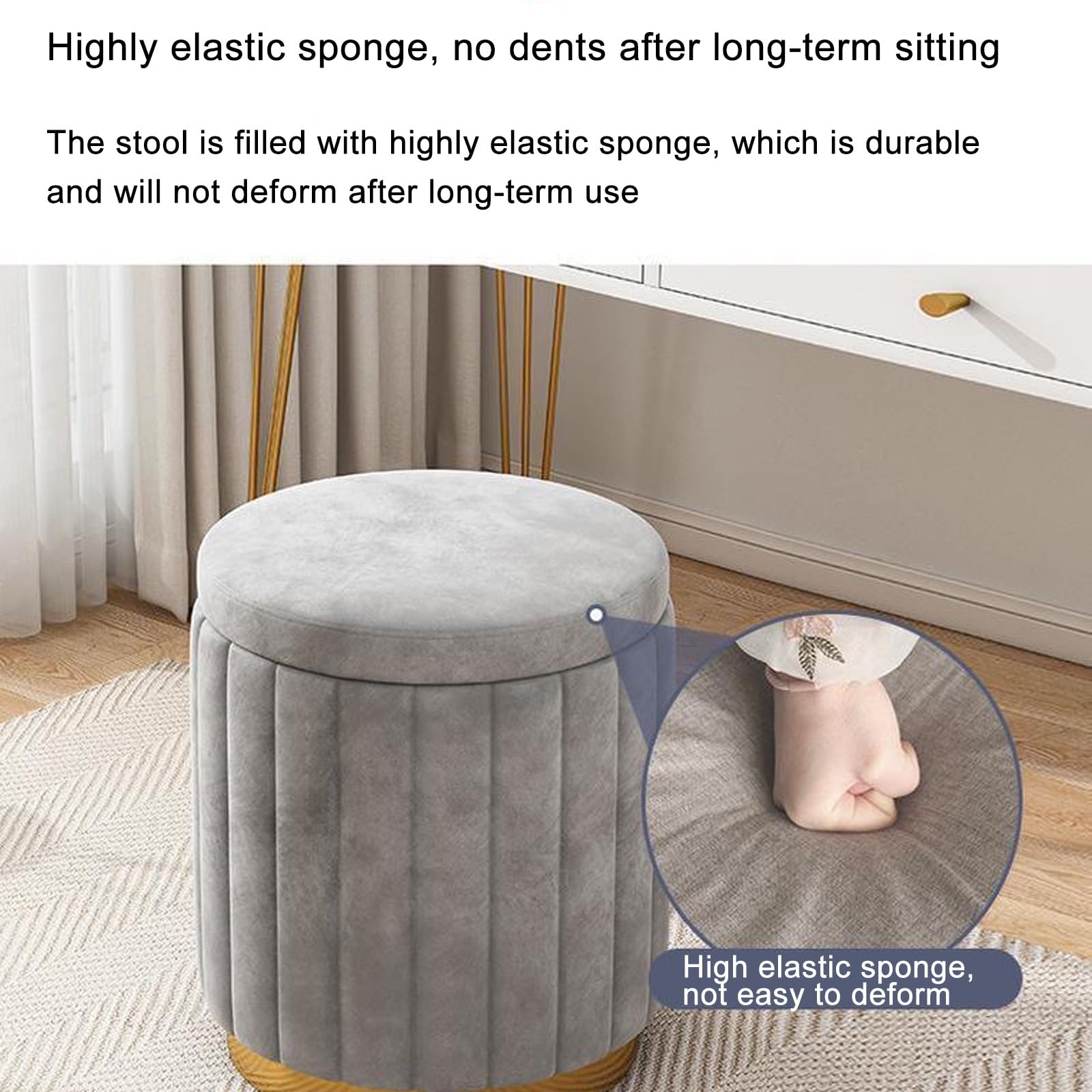 Pouf Contenitore Rotondo in Velluto, Pouf Basso Rotondo in Pelle, Sgabello da toeletta in Spugna, Sgabello poggiapiedi Imbottito con Base placcata Oro per Soggiorno, Camera da Letto o Negozi