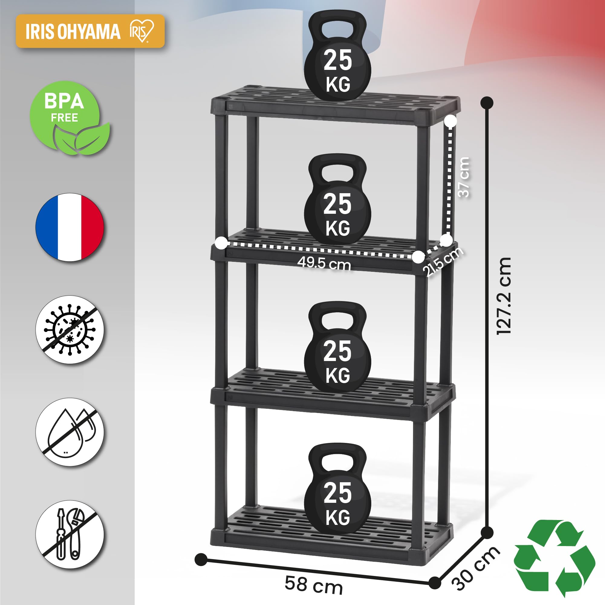 Iris Ohyama, Set di 2 Scaffali in plastica resistente, capacità di 100 kg, facile da montare, 4 ripiani, senza BPA, ripiano per garage, cucina, spazio di lavoro, PRS-M4, nero