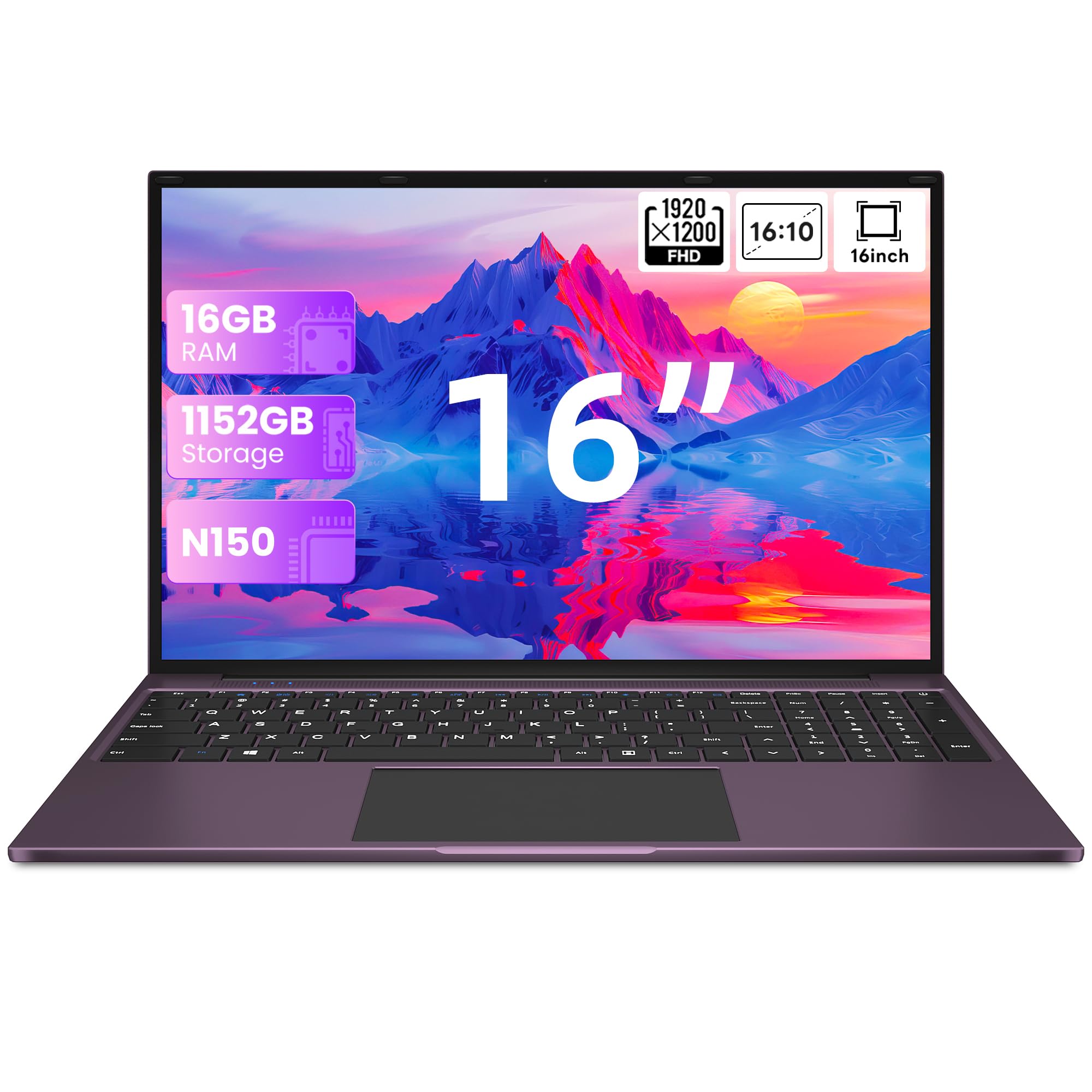 jumper 16 Zoll Laptop 16GB RAM 1152GB SSD für Unternehmen und Studenten | IPS 1920x1200 Display, TF Erweitern 512GB, N150(3,6 GHz), 2 Stereo-Lautsprecher, USB 3.0/Mini HDMI/38Wh Akku (Lila)