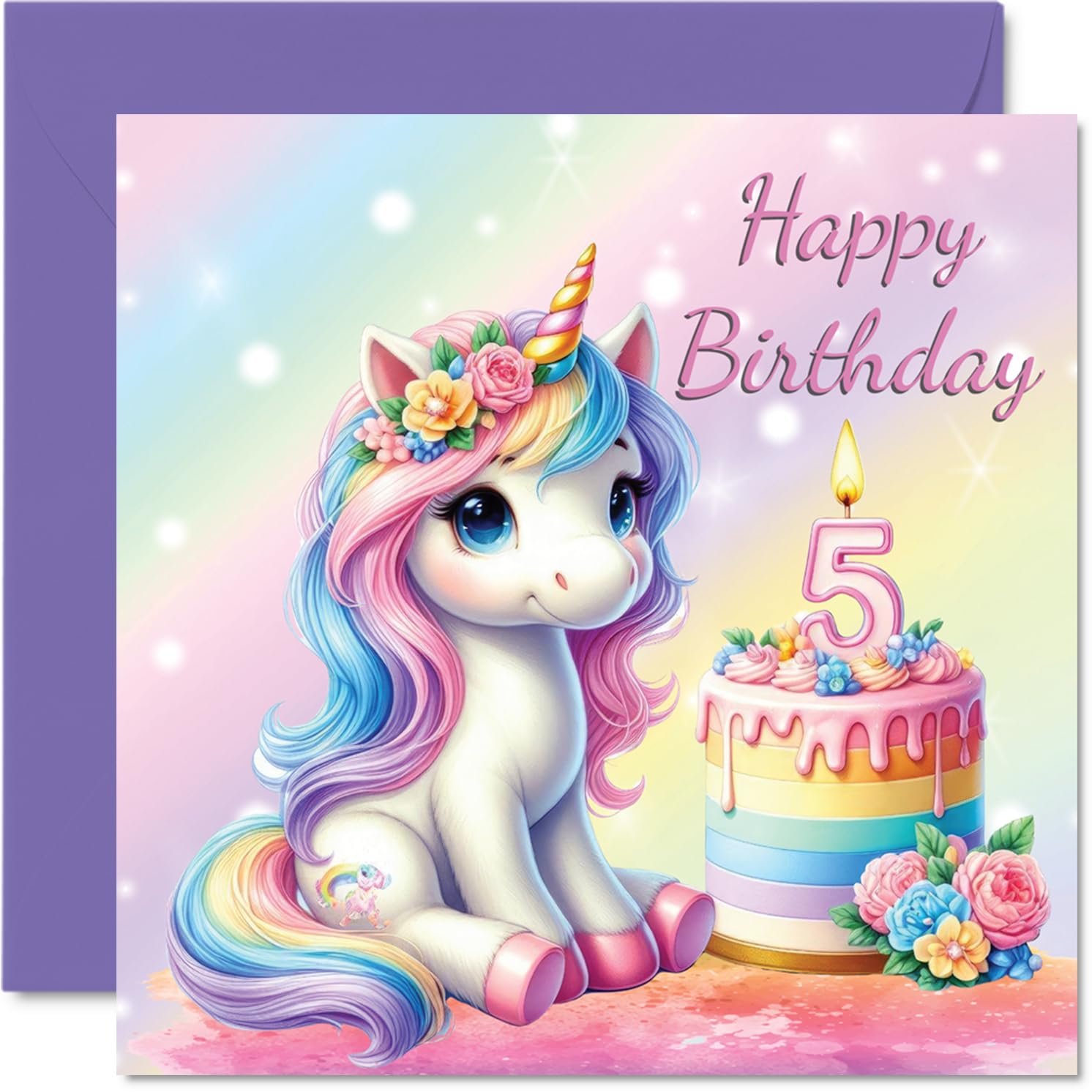 5th Birthday Cards for Girls - Unicorn Cake - Happy Birthday Card for 5 Year Old Girl Niece Great Niece Daughter Cousin, 145mm Bday Greeting Cards