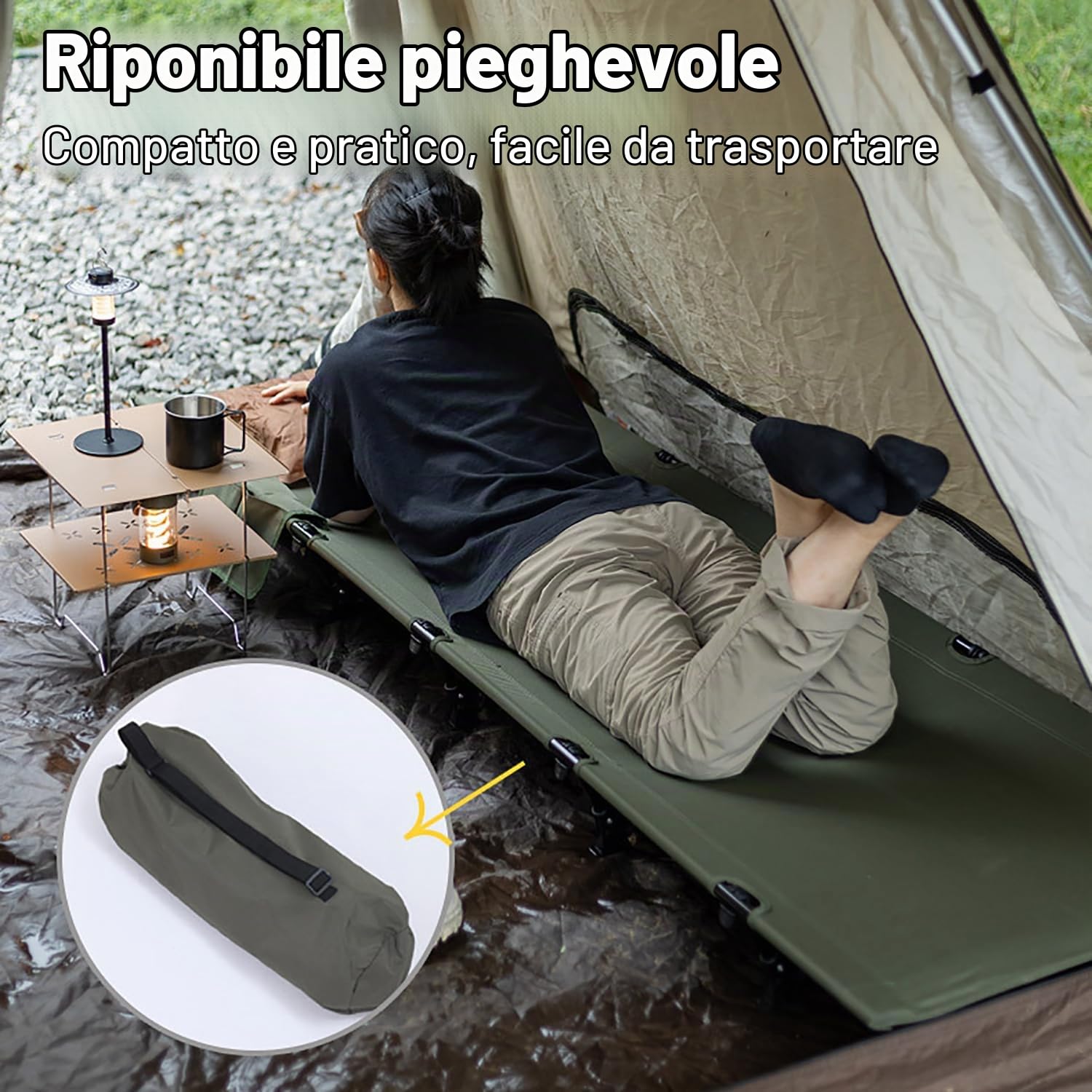 Letto da Campeggio，Ultraleggero Portatile, Brandina Pieghevole Campeggio, 192 x 65 x 16cm, Carico Massimo 150 kg, Adatto per Viaggi all'aperto, Campeggio e Facili Escursioni con Zaino