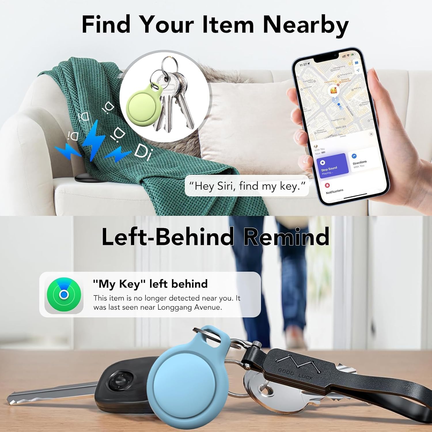 Bluetooth Schlüsselfinder 4er Pack, Smart Tag Kompatibel mit Apple Wo ist APP(nur iOS), Air Tracker Tag für Schlüssel/Gepäck/Koffer/Brieftasche, IP68 Wasserdicht, Austauschbarer Akku
