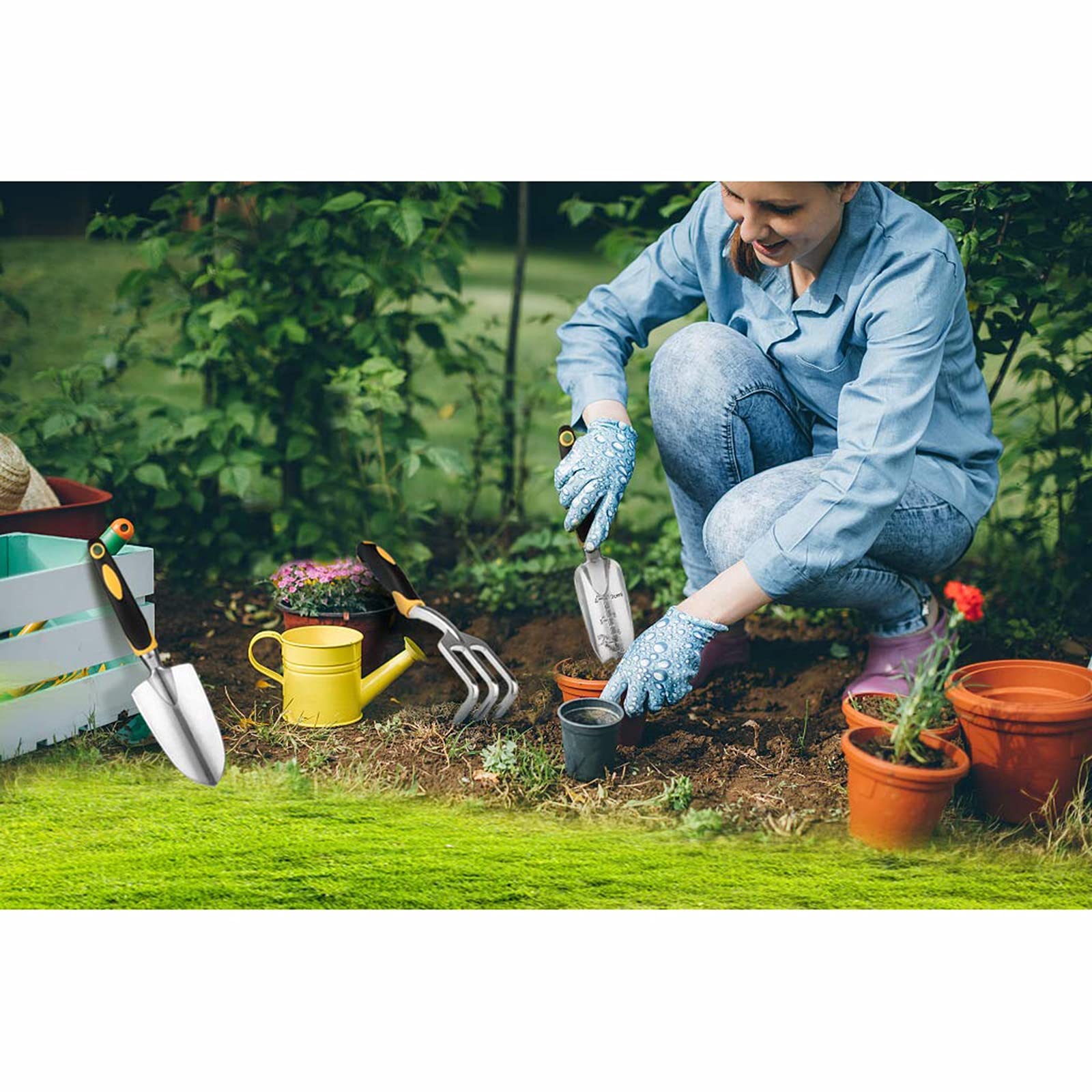 DINGFAN Juego de Herramientas Jardinería, Kit de Herramientas de Jardinería de Aluminio 5 Piezas con Guantes, Kit Plantación de Manos para Interiores y Exteriores, Regalos Jardinería