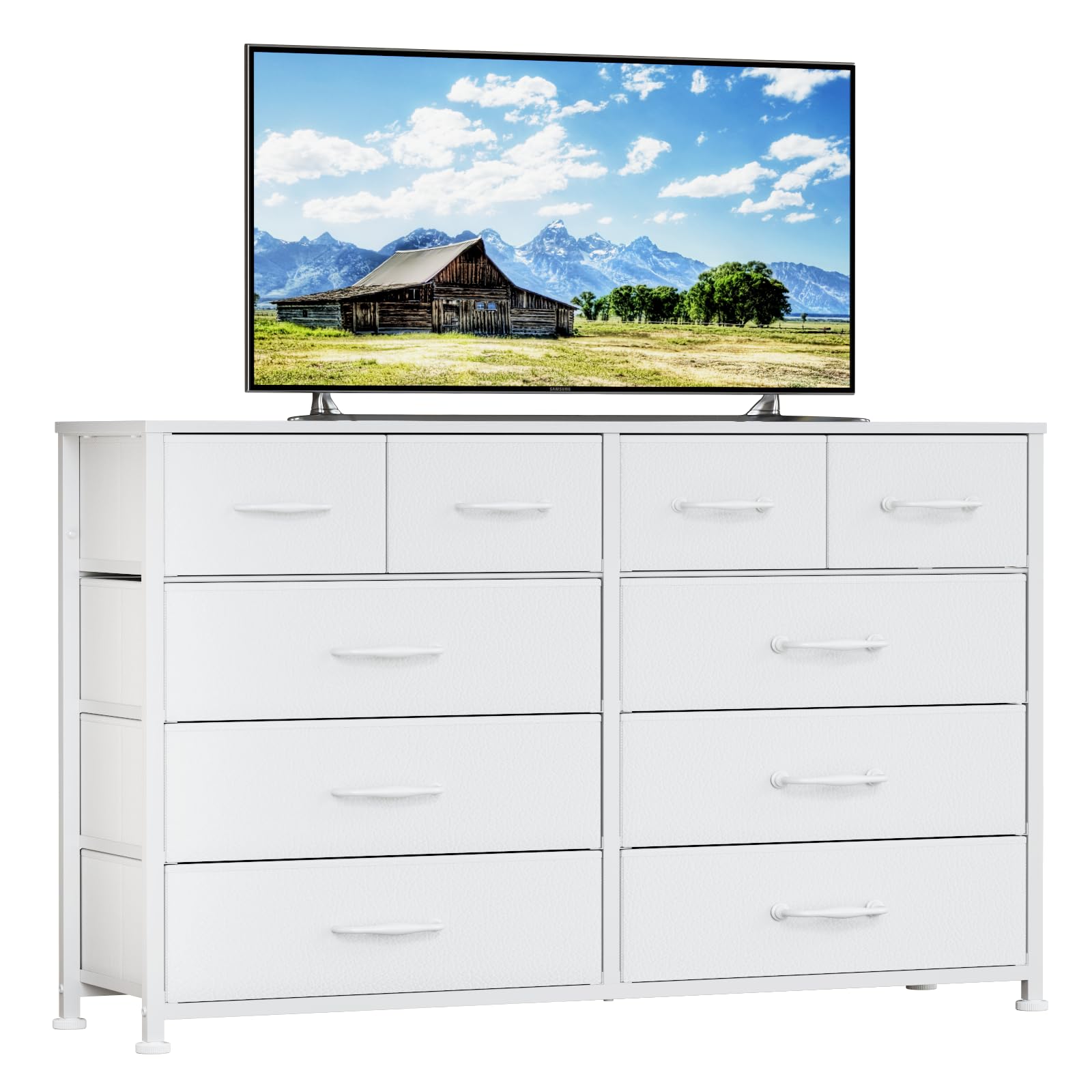 Furnulem Bedroom Dresser White for 55”Long TV Stand Entertainment Center Dressers & Chests of Drawers,10 Storage Fabric Drawer, Sturdy Metal Frame Tall Storage Cabinet for Living Room, Entryway