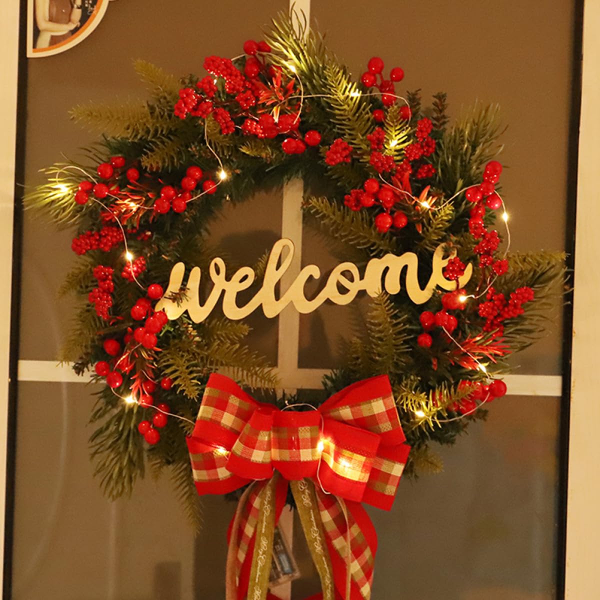 Guirnalda Navideña Brillante de Bayas Navideñas Colgante para Puerta o Pared Guirnalda Luminosa Decorativa para Decoración de Invierno