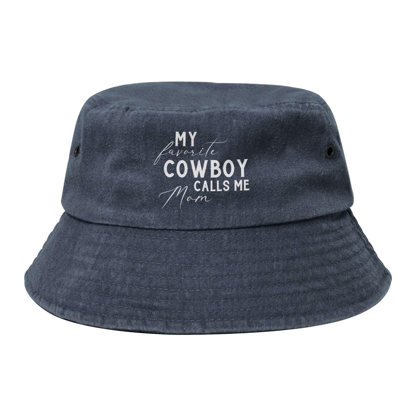 My Favorite Cowboy Calls Me Mom Bucket Hat,Cotton Outdoor Sun Hat Flat Top Cap for Fishing Hiking Beach Sports,Black