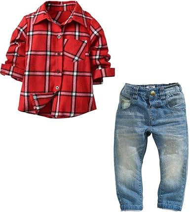 QTONGZHUANG Camisa de Manga Larga a Cuadros de Niño Pantalones de Mezclilla  de Niños Pantalones de Camisa de Dos Piezas para Niños: Amazon.es: Ropa