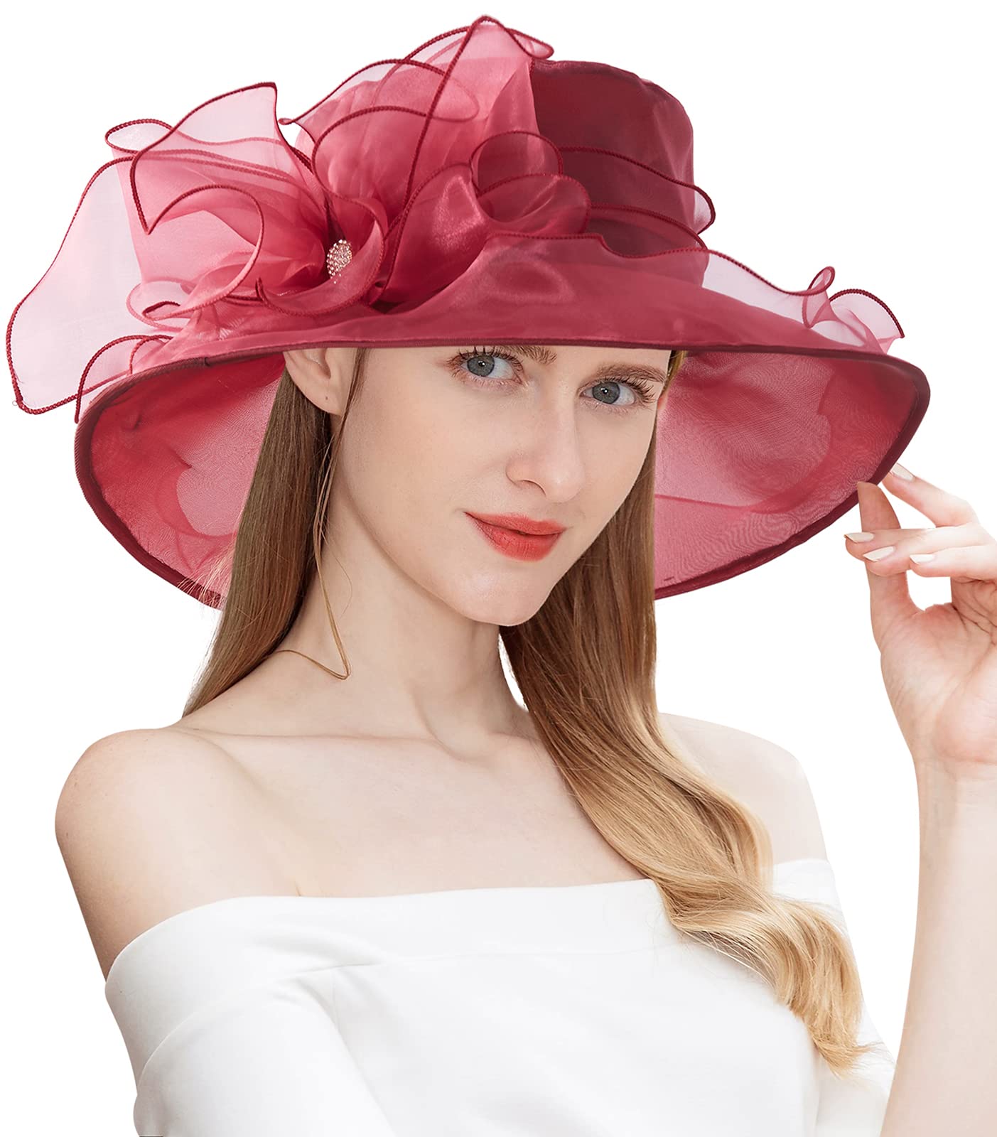 Ellydoor Women's 14Wine Red Derby Fascinator Hat Organza Church Wedding Hat Wide Brim Cocktail Tea Party Hat, One Size