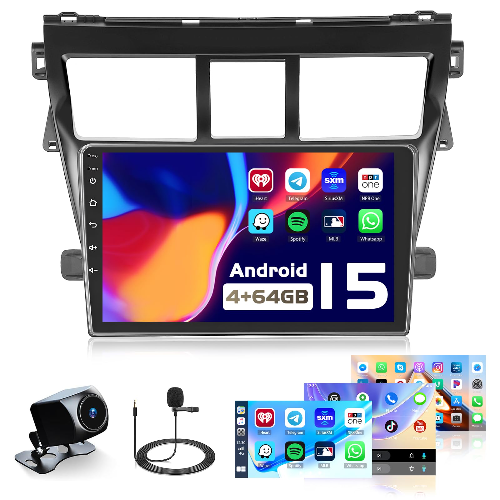 Radio estéreo de coche para Toyota Yaris Vios 2007-2013 con Carplay inalámbrico Android Auto, 4+64G 9 pulgadas HD IPS pantalla tác