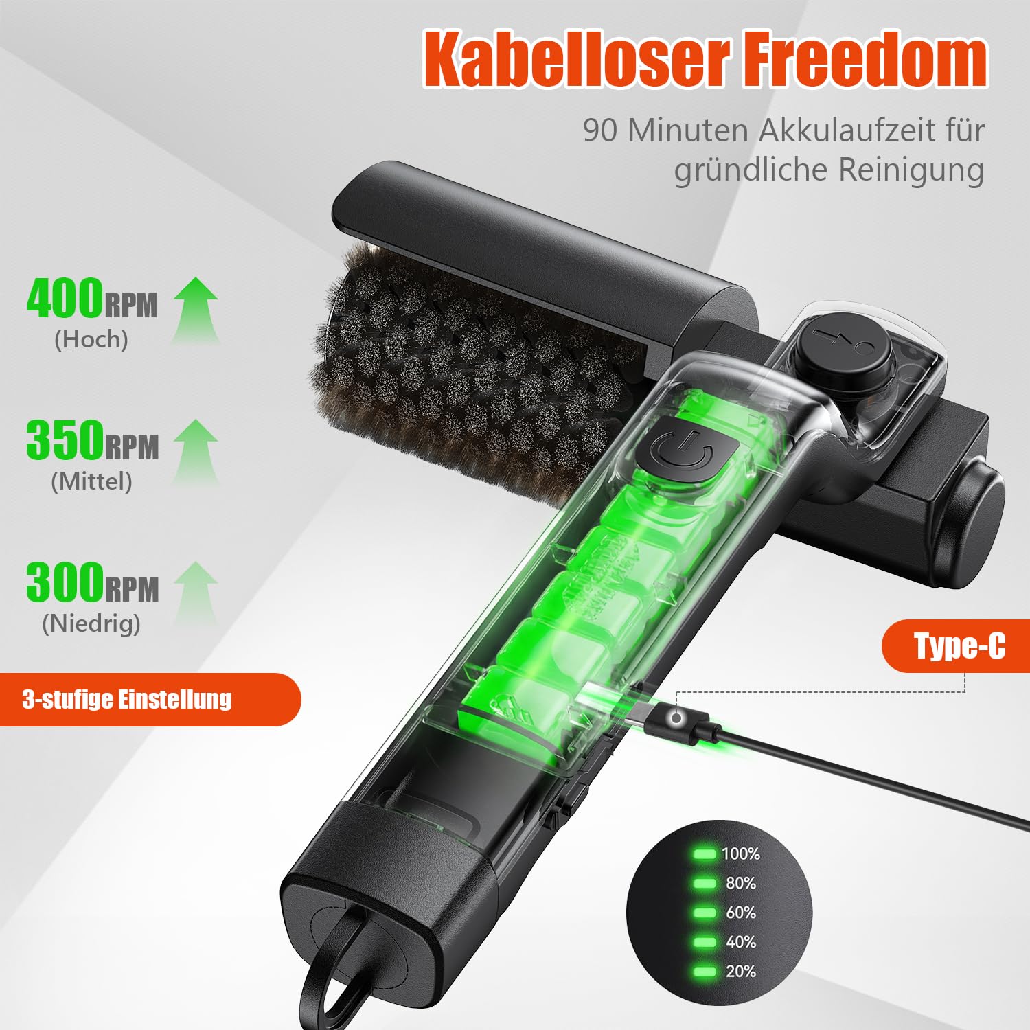 Elektrische Grillbürste：Akku-Betrieben, 180° Verstellbarem Winkel, 3-Stufen Reinigung, Edelstahl-Bürstenkopf, 90 Min Laufzeit, für Gasgrill, Holzkohlegrill, Kugelgrill, Elektrogrill und Grillrost