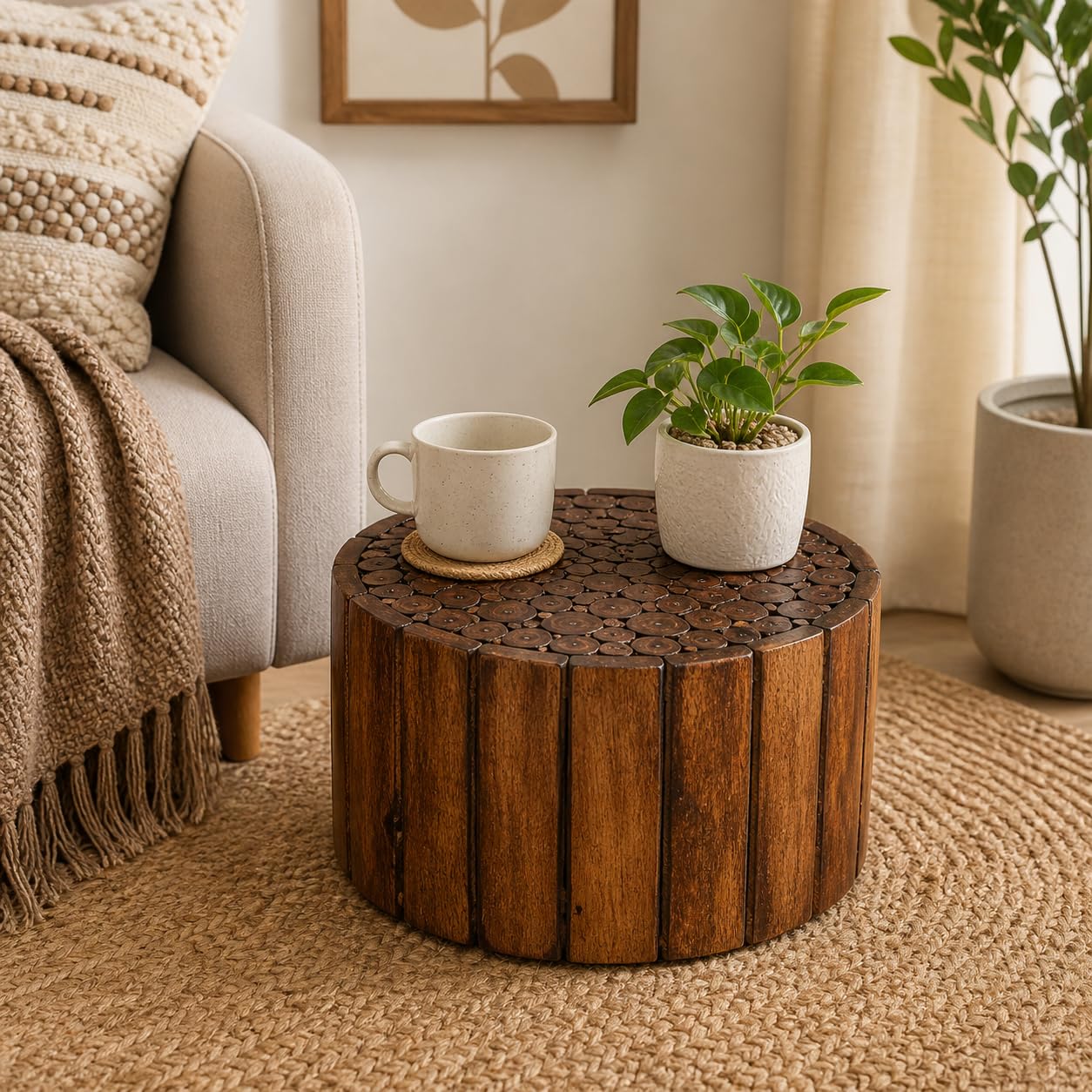 iAnanas Handcrafted Wooden Block Side Table for Living Room and Bedroom Low Height Round Shape Stool Solid Mango Wood Bedside Coffee End Table Home Décor (Natural)-image-40