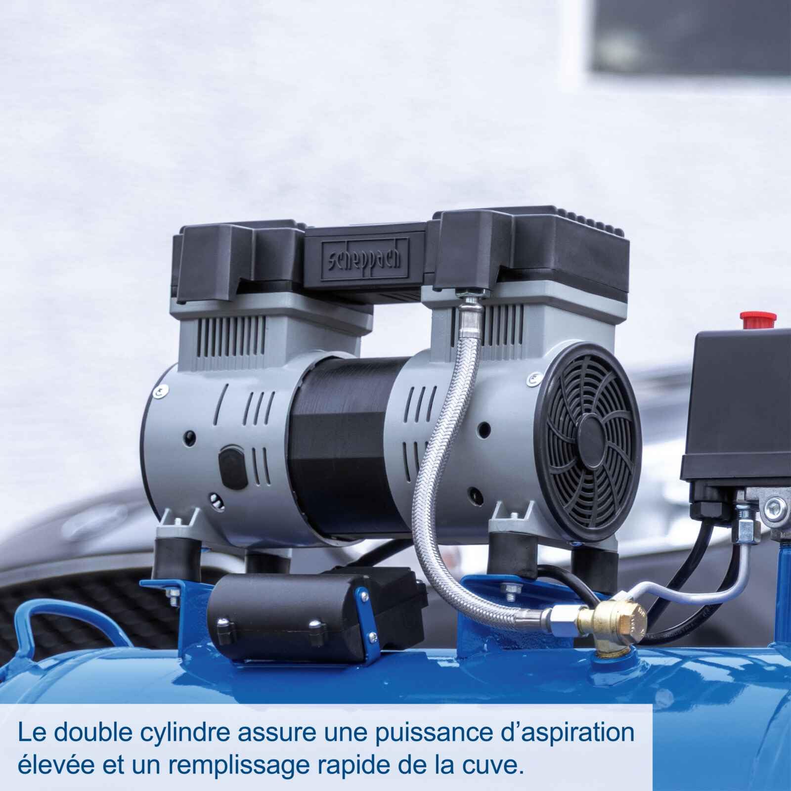 Scheppach Compresseur à double cylindre Super Silent HC52Si - 1100W - 50L | 8 bar - 230 V~ / 50 Hz - puissance d'aspiration 230 l/min - sans huile