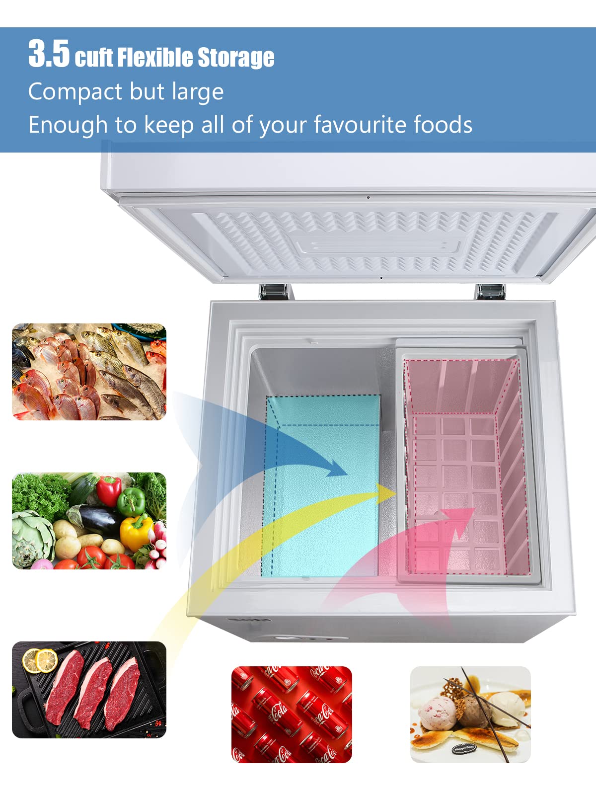 Krib Bling 3.5 Cu.Ft Deep Compact Freezer with a Removable Basket, Chest Freezer 7 Gears Temperature Control(-18°F to -46°F), for House, Garage, Kitchen, Basement, Shop, White on Fridge.com