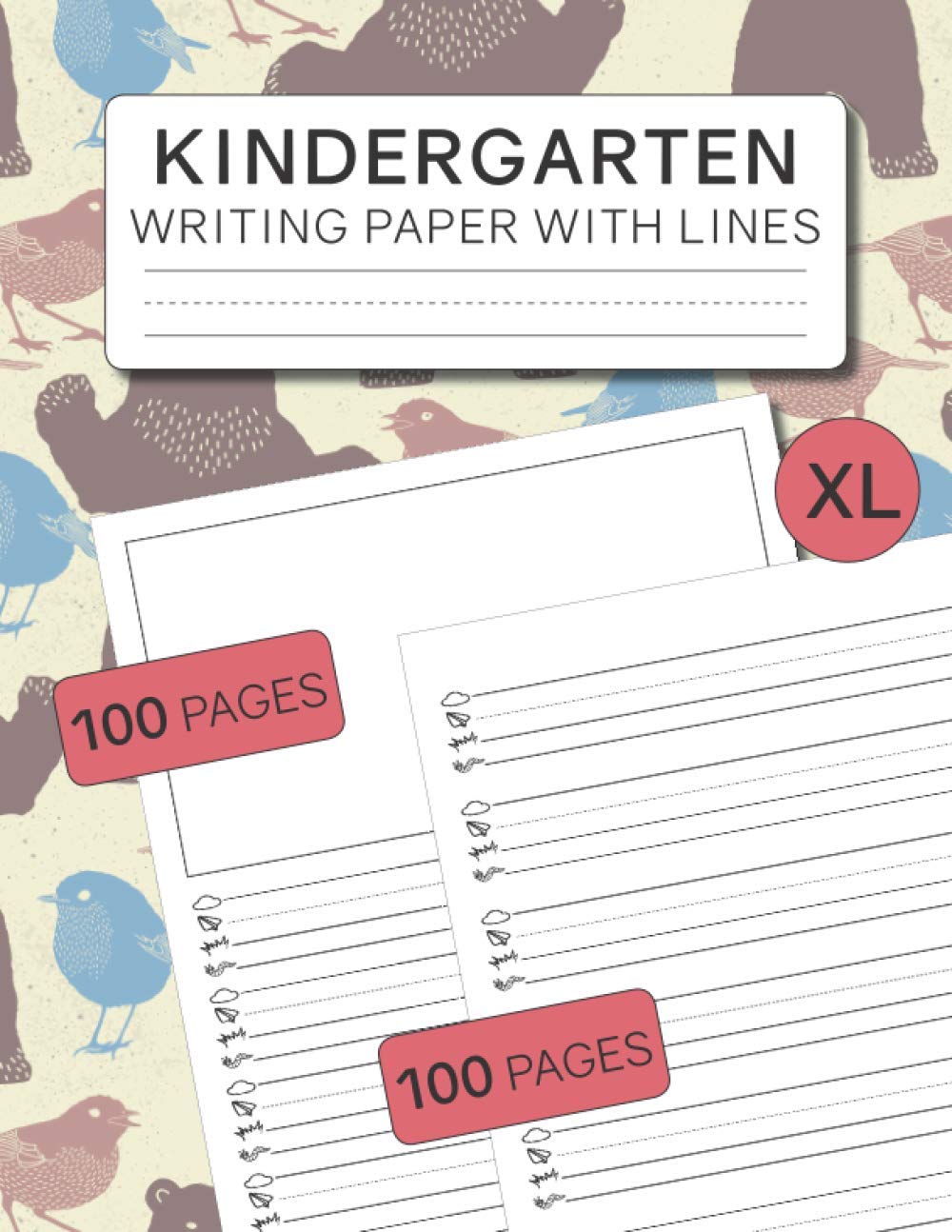 Kindergarten Writing Paper with Lines: XL Size 200 Pages 2 Style Sheet Penmanship Paper and Story Paper Sky line Plane line Grass line and Worm line