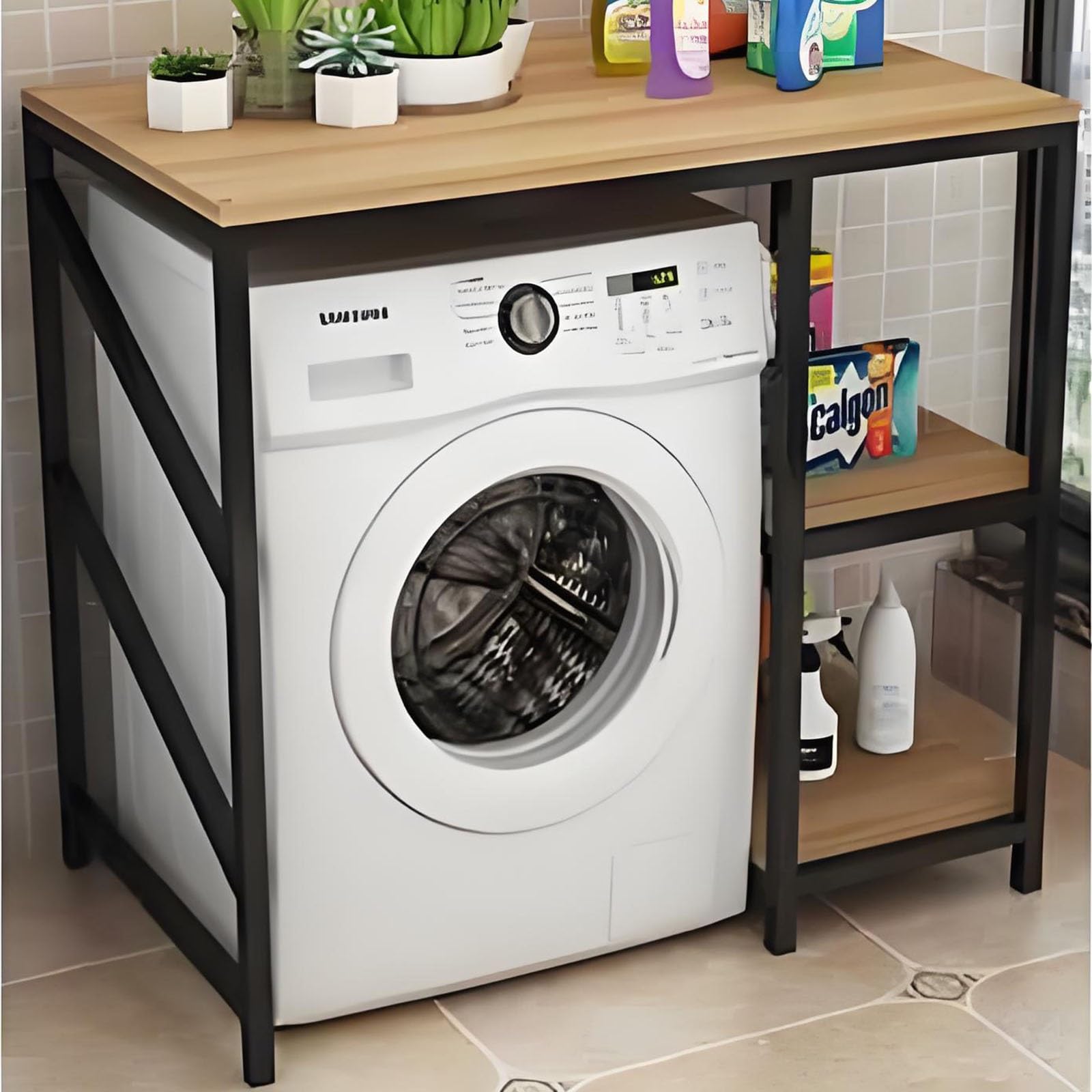 Estantería Lavadora Secadora, Soporte Secadora sobre Lavadora, Mueble Lavadora Secadora, Gabinete De Lavadora De Tambor, para Lavadora para Baño, Cocina, Balcón, Lavandería (Black+Yellow)