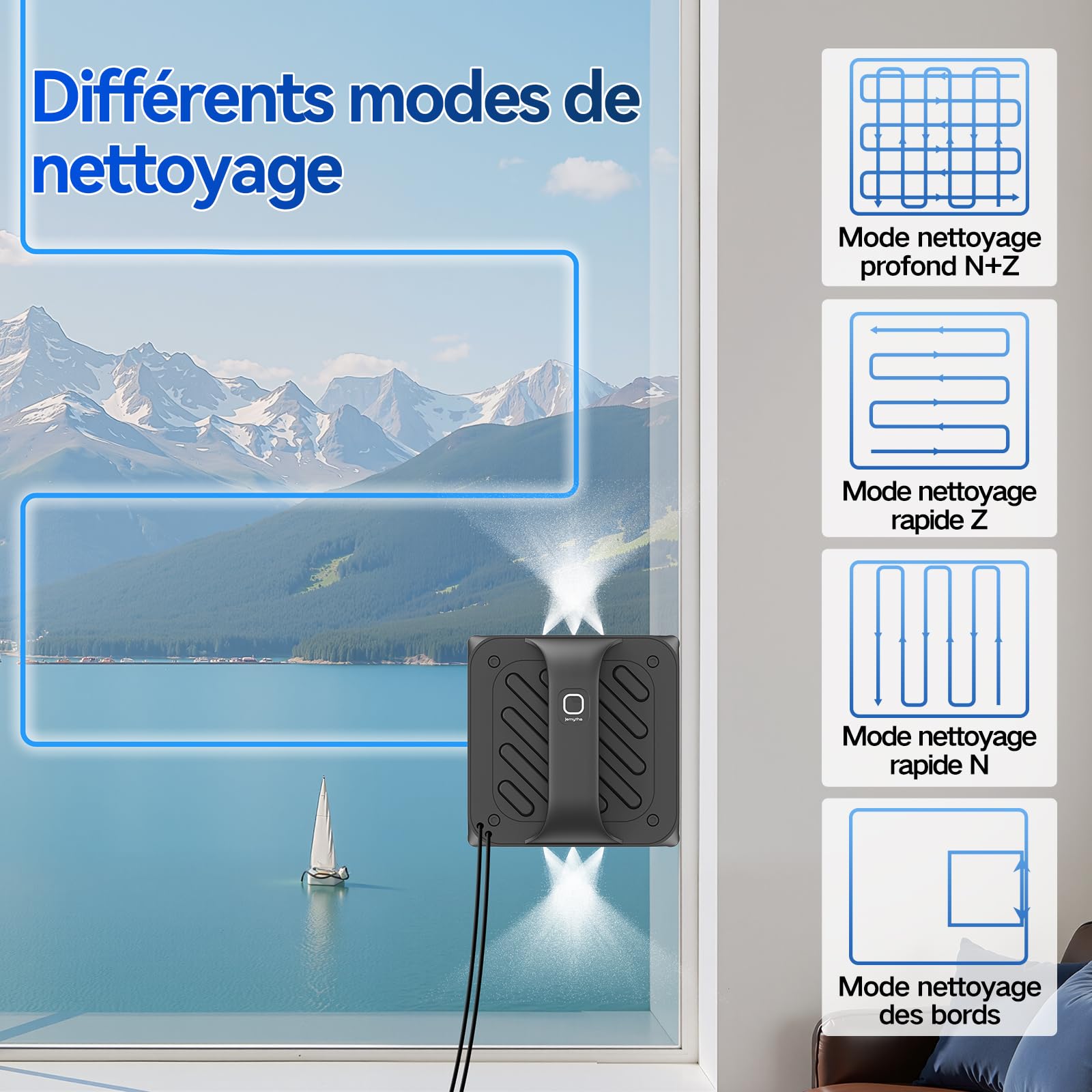 Robot de nettoyage de fenêtres avec 6 buses d'eau, 8000 Pa Robot de nettoyage des fenêtres avec différents modes de nettoyage, commutateur de langue annoncée, manipulation facile pour fenêtres