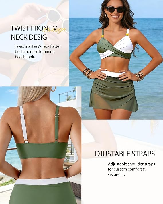 Women's Bikini Set, Two Piece Bikini Swimsuit Set with Twist Front V Neck Design, Adjustable Straps and Padded Support