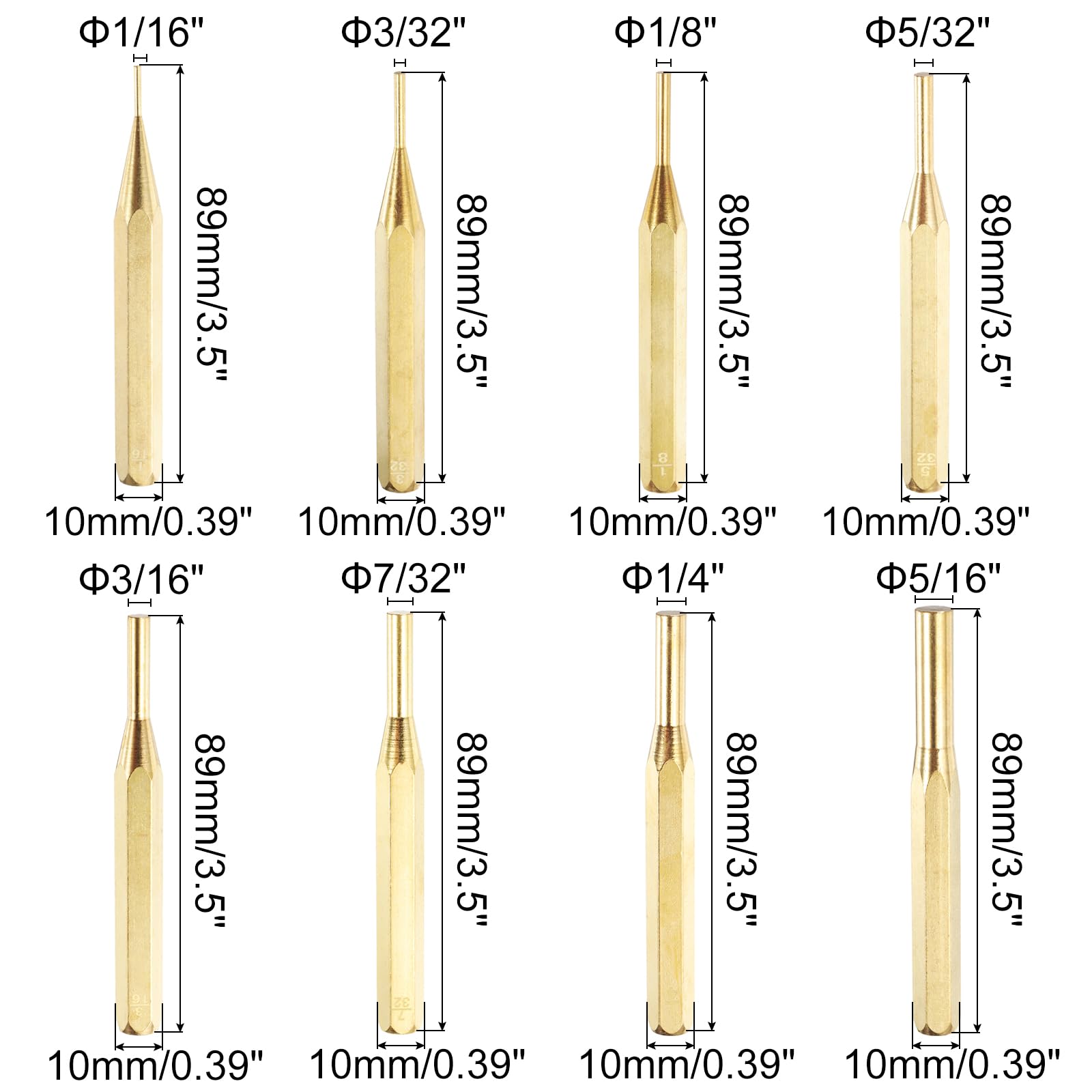 HARFINGTON Juego de 8 perforadores de latón de 1/40.6 cm, 3/81.3 cm, 1/20.3 cm, 5/81.3 cm, 3/40.6 cm, 7/81.3 cm, 1/10.2 cm, 5/40.6 cm, perforadores cilíndricos de alineación para reparación de