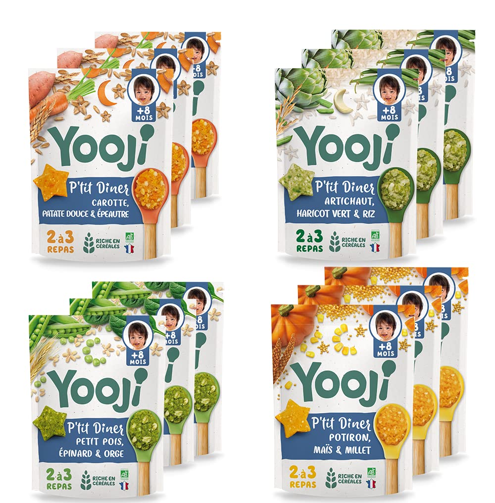 Yooji - P'tit dîner dès 8 mois - 36 repas du soir bio aux légumes et céréales purée avec petits morceaux en forme d'étoile pour bébé