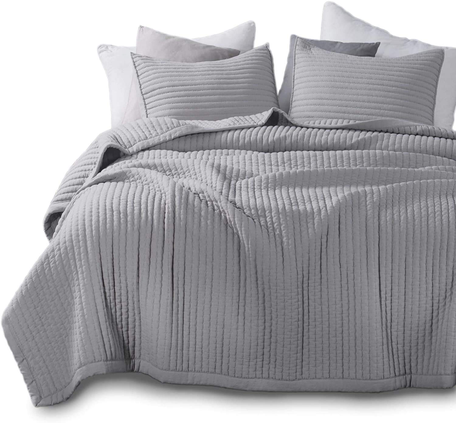 KASENTEX Quilt-Bedding-Coverlet-Blanket-Set, Machine Washable, Ultra Soft, Lightweight, Stone-Washed, Detailed Stitching - Solid Color (Grey, Oversized Queen + 2 Shams)