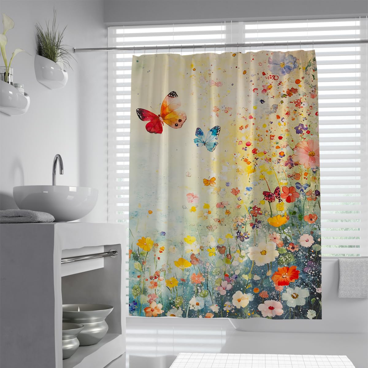 UIRINGART Retro Garden Meadow Shower Curtain W200xL200cm Yellow Orange Floral Pattern Mildew Resistant Water Repellent Bath Curtains Walk In Shower With Hooks