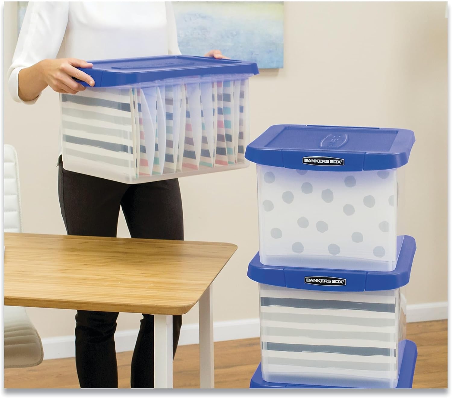 Bankers Box 0086202 Heavy Duty Plastic File Storage, Locking Lid, Letter/legal, Clear/blue, 2/pack