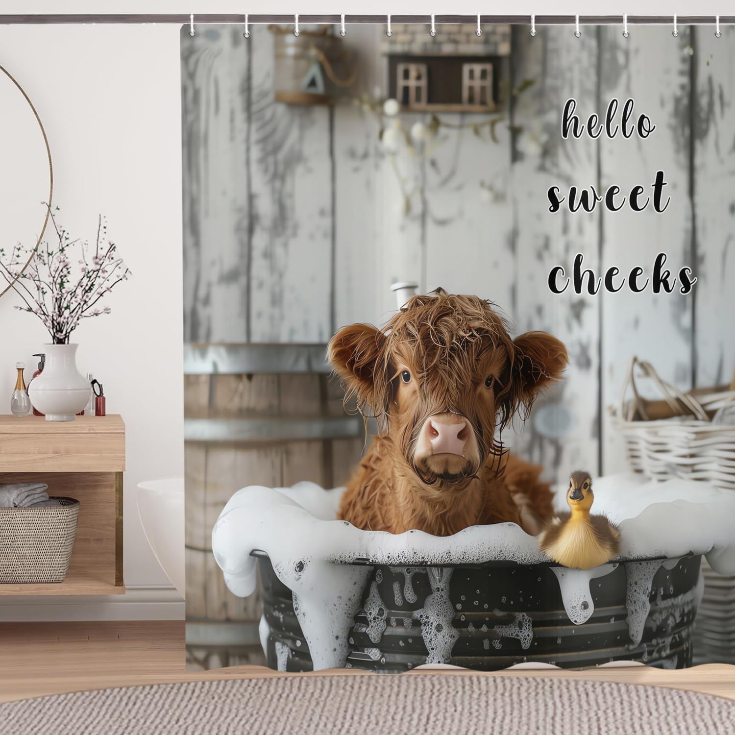 ASDCXZ Funny Cow Shower Curtain 90x180 cm, Rustic Cute Highland Cow Duck Bathroom Vintage Farmhouse Animal Waterproof Bath Curtain Polyester Textile Washable Shower Curtains for Bathtub with 6 Hooks