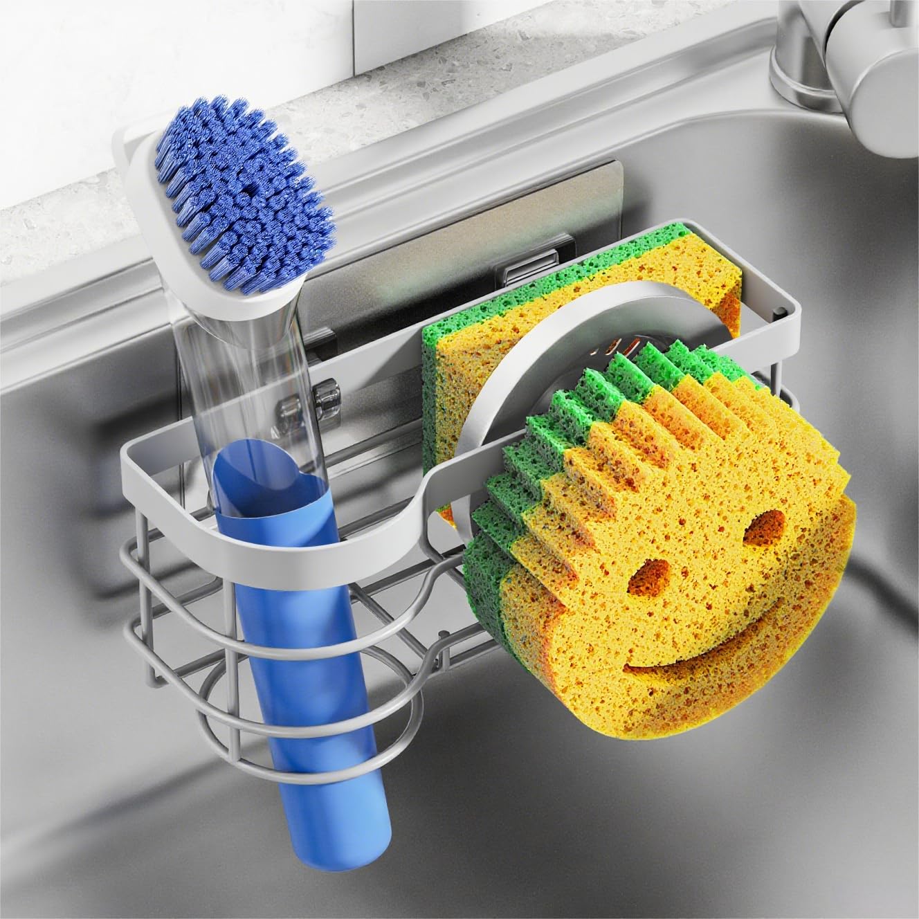 Cisily Grey Smiley Sponge Holder for Kitchen Sink Caddy Stainless Steel Brush Holder Dish Cloth Hanger Suction Cup